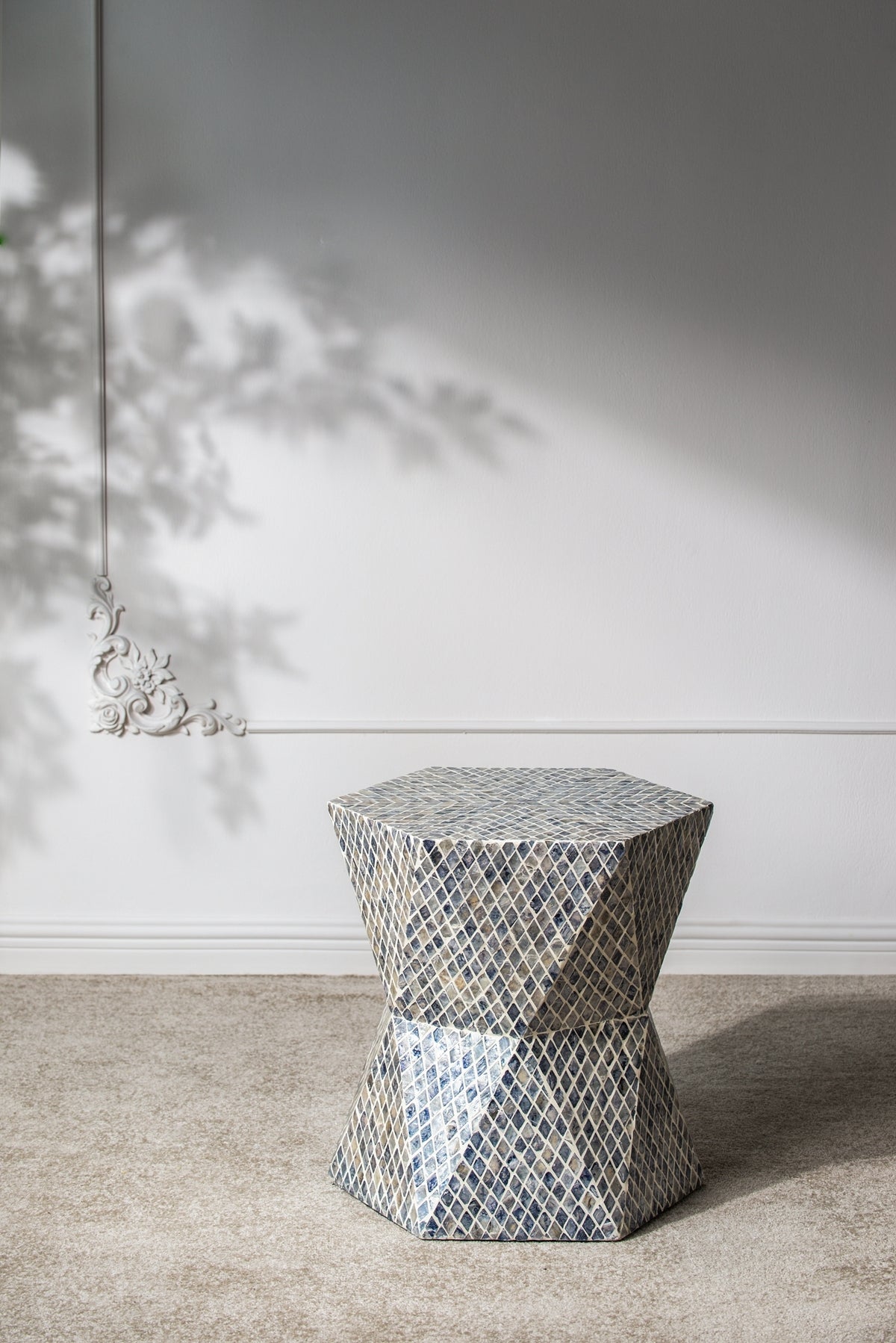 19x19x20" Tapered Blue Garden Capiz Stool, Accent Side Table