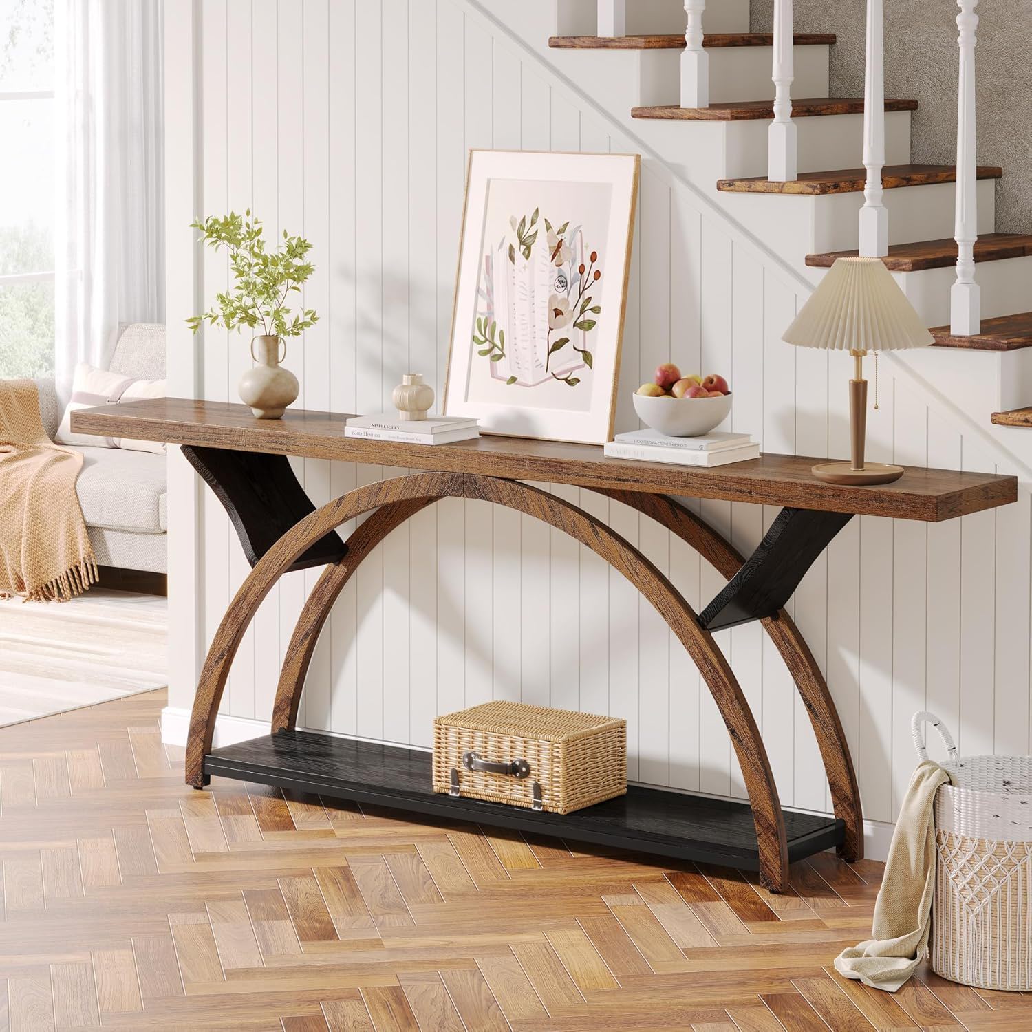 Console Table With 2 Tier Storage And Half Moon Frame For Hallway - Brown / Black