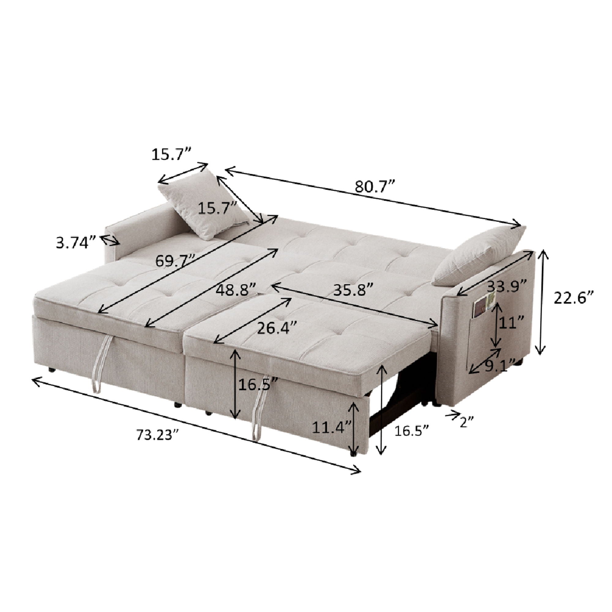 3 In 1 Convertible Sleeper Sofa Bed, Reclining Backrest, Pillows, Pockets