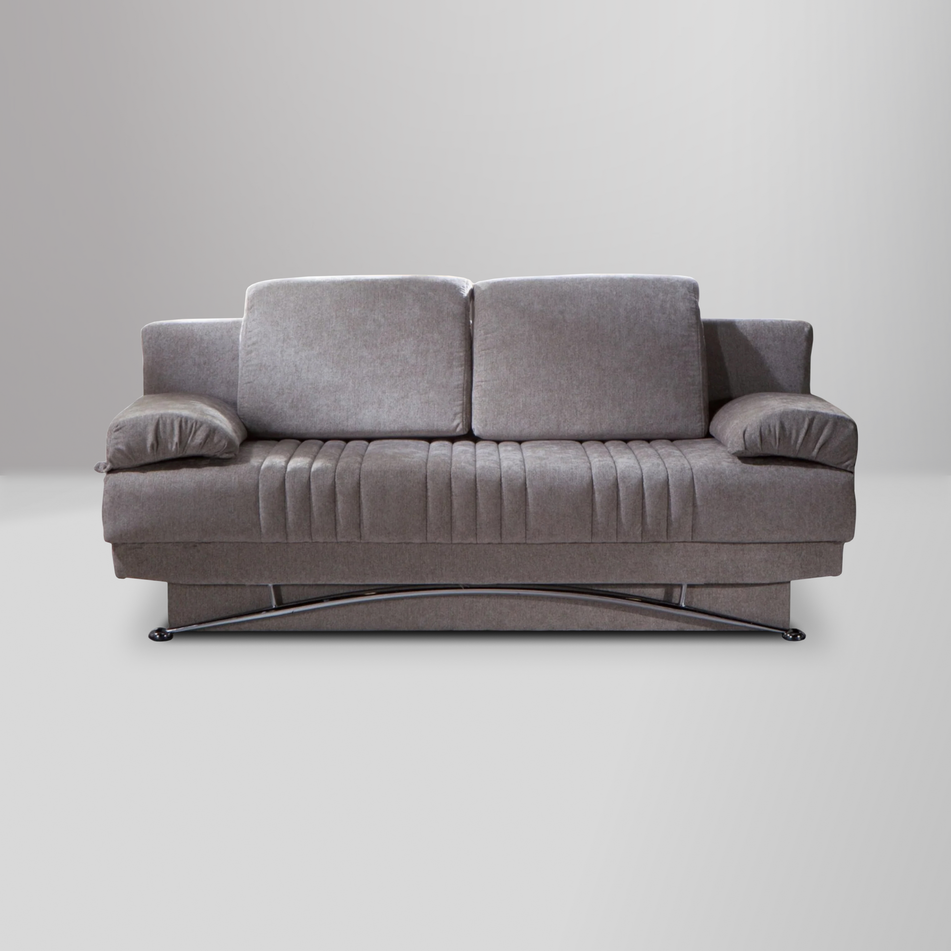 Fantasy sleeper sofa with bold pleating, curvy chrome crossbar, and built-in storage, perfect for modern interiors