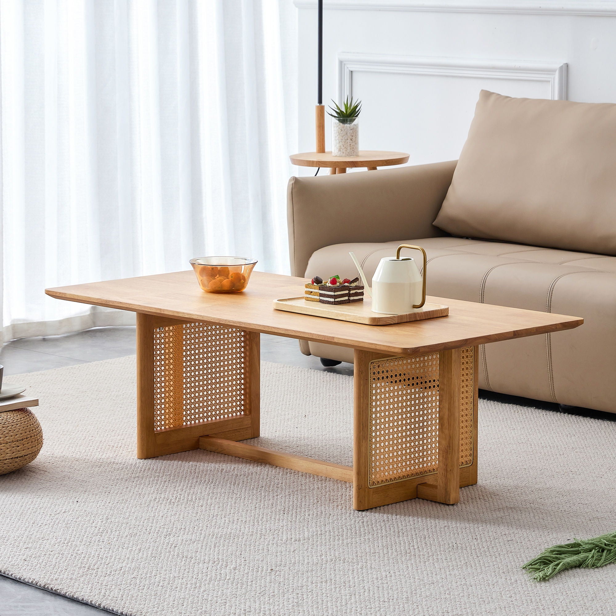Chinese Style White Solid Wood And Imitation Rattan Coffee Table