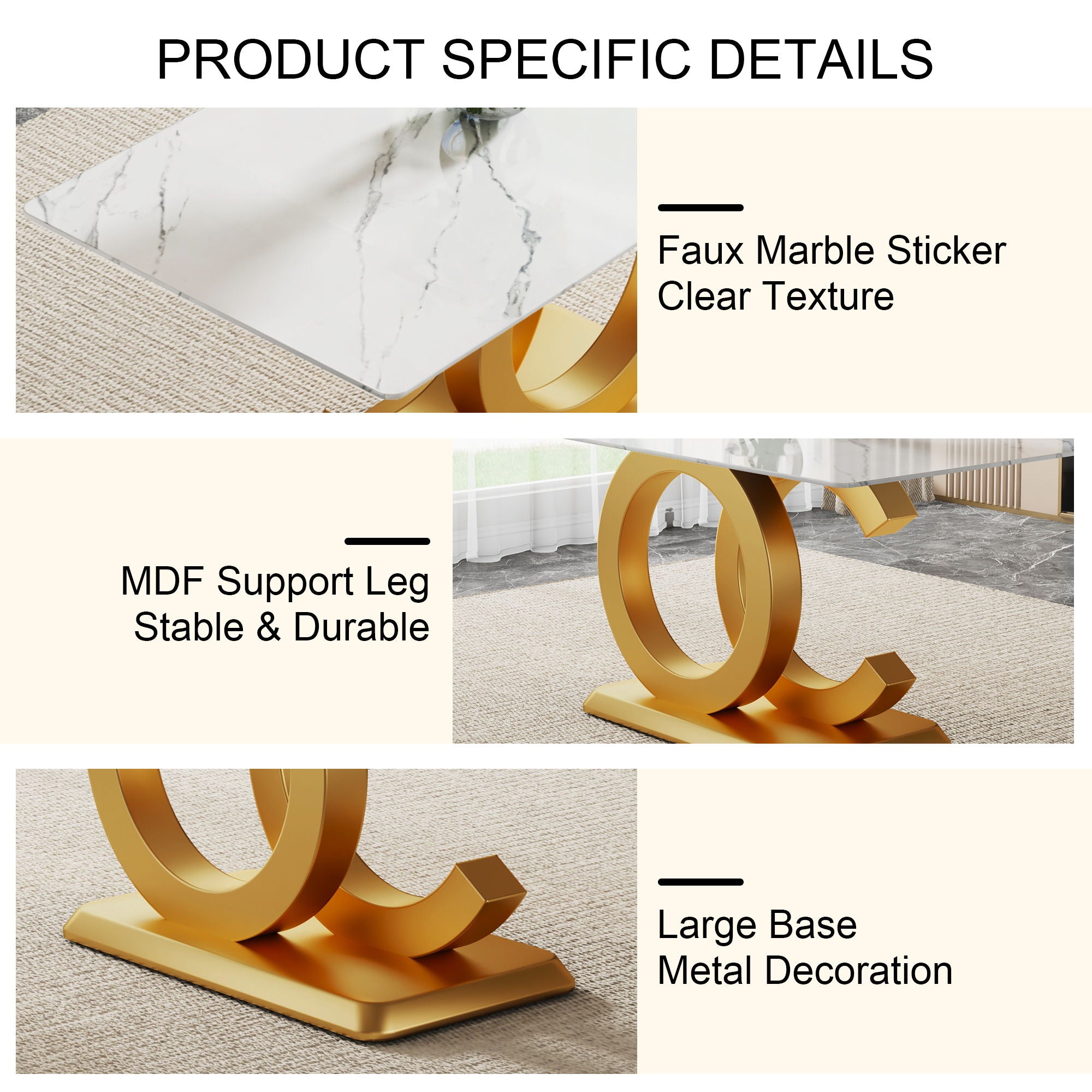 Modern Minimalist Rectangular Dining Table For 6 - 8 People With Brackets And Aureate Base - Gold