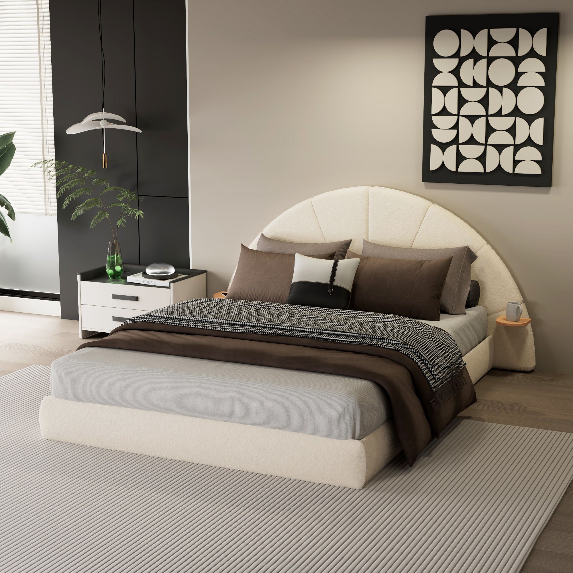 Queen Arched Bed With Small Table, Floor Standing Design - Beige