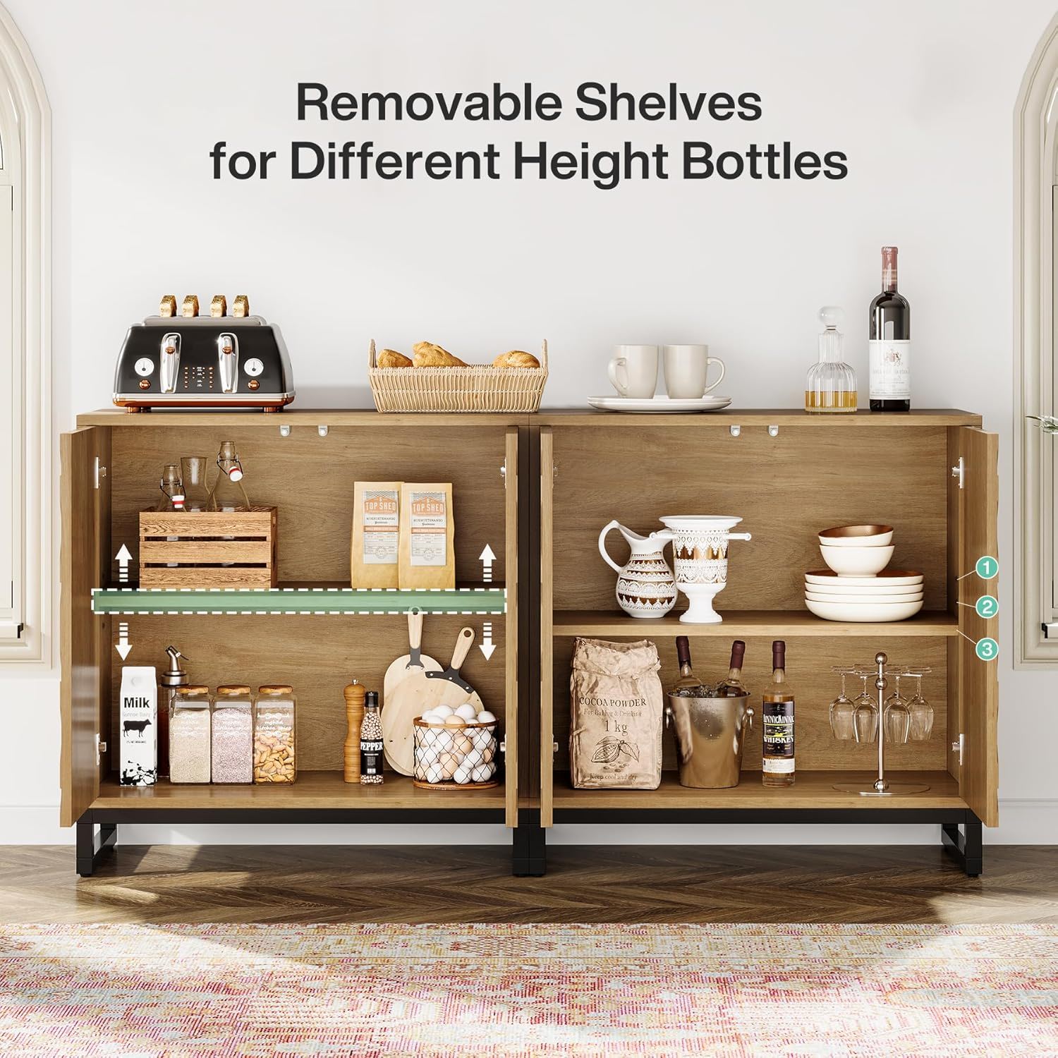 Sideboard Buffet Cabinet With 4 Doors & Shelves, Credenza Table For Dining Room - Warm Brown