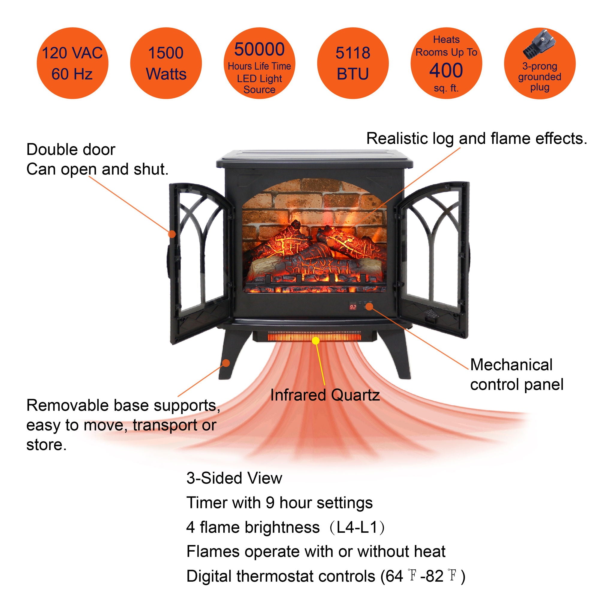 3D Flame Electric Infrared Quartz Fireplace Stove With Remote Control - Antique Black - Best Buy Furniture