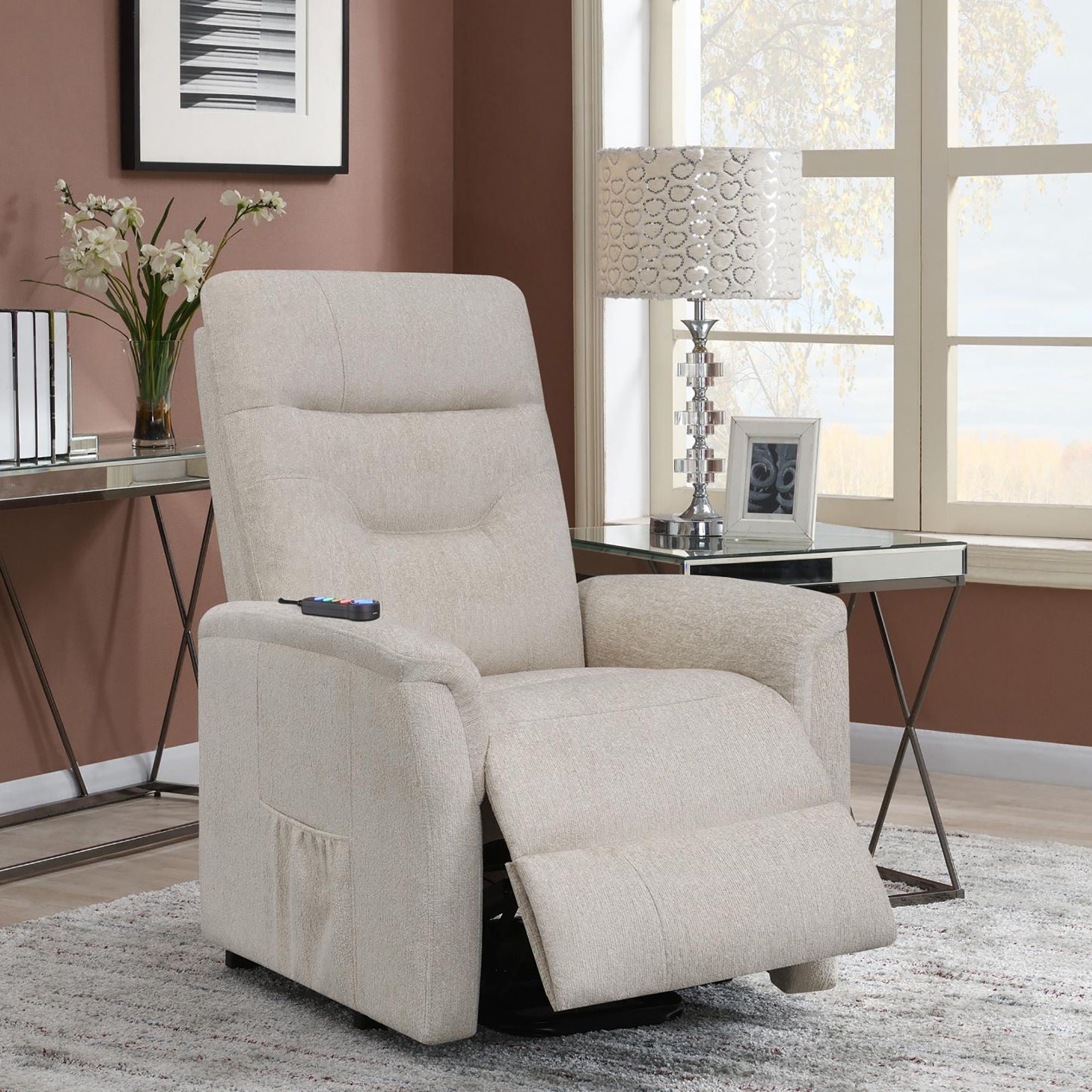 Upholstered Power Lift Recliner With Storage Pocket And USB Charging - Beige