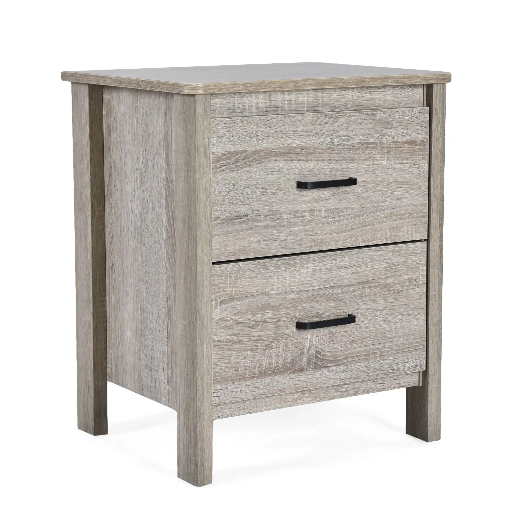 Wood Nightstand With 2 Drawers And Metal Handle - Oak