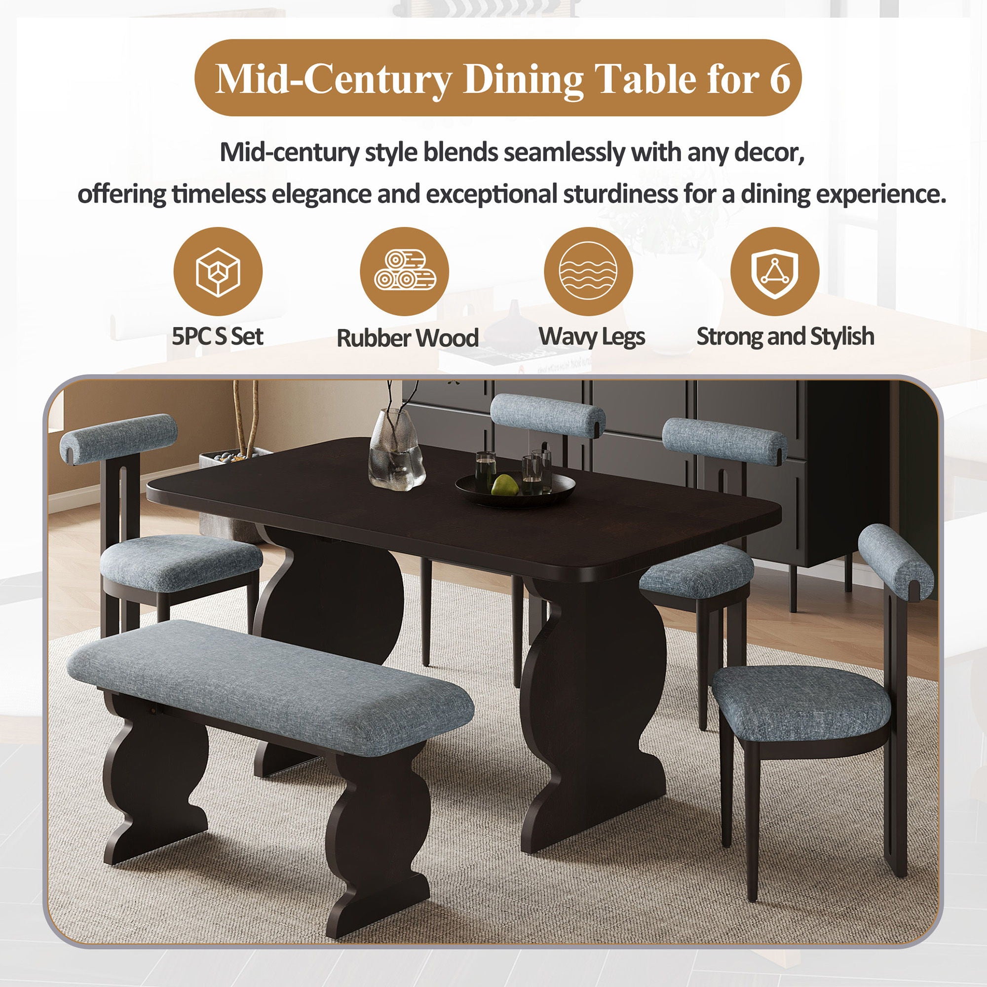 Mid-Century Modern Table Set For 6 Persons With 4 Chairs And Bench, Padded Seats And Backrest