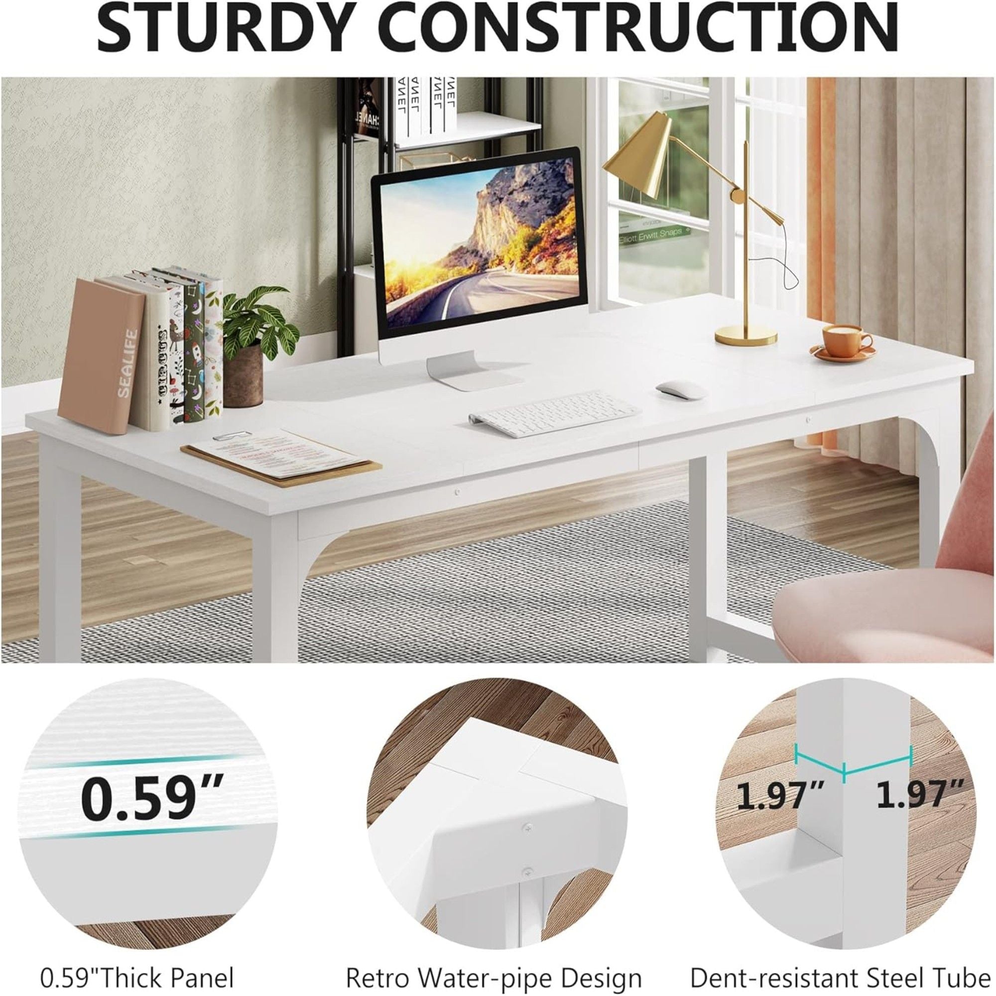 Executive Desk, Large Office Computer Workstation With Thick Frame - White