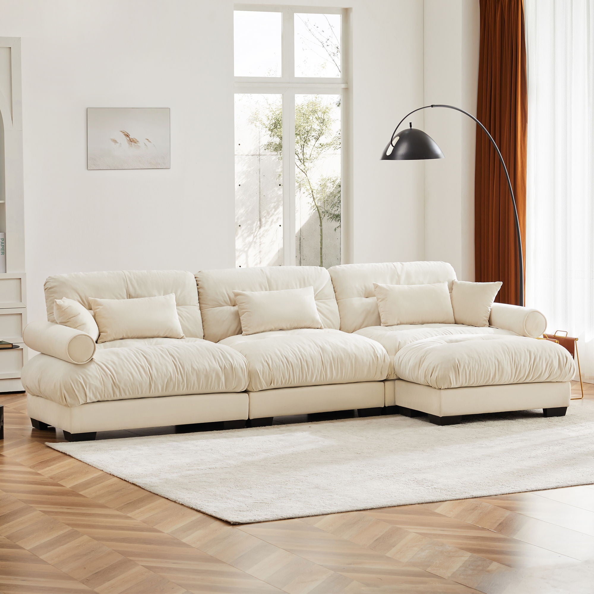 Modern Sectional Sofa With Ottoman, Round Bolster Armrests, Waist And Throw Pillows