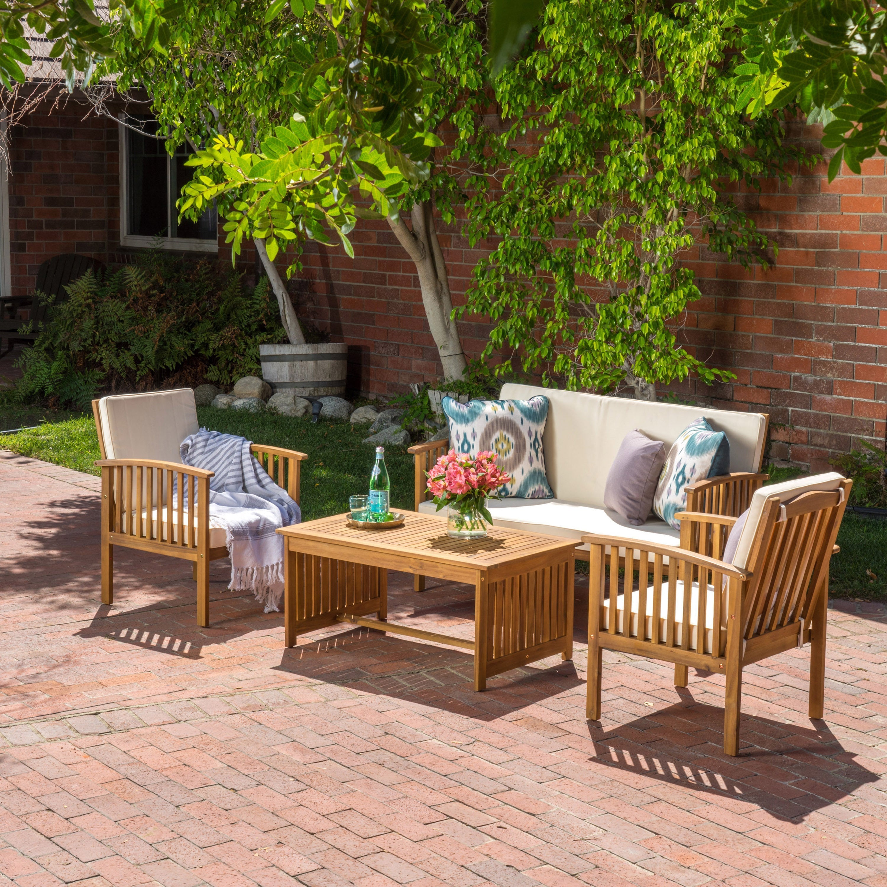 Acacia Wood Outdoor Chat Set with Water-Resistant Cushions in Brown, 4PC