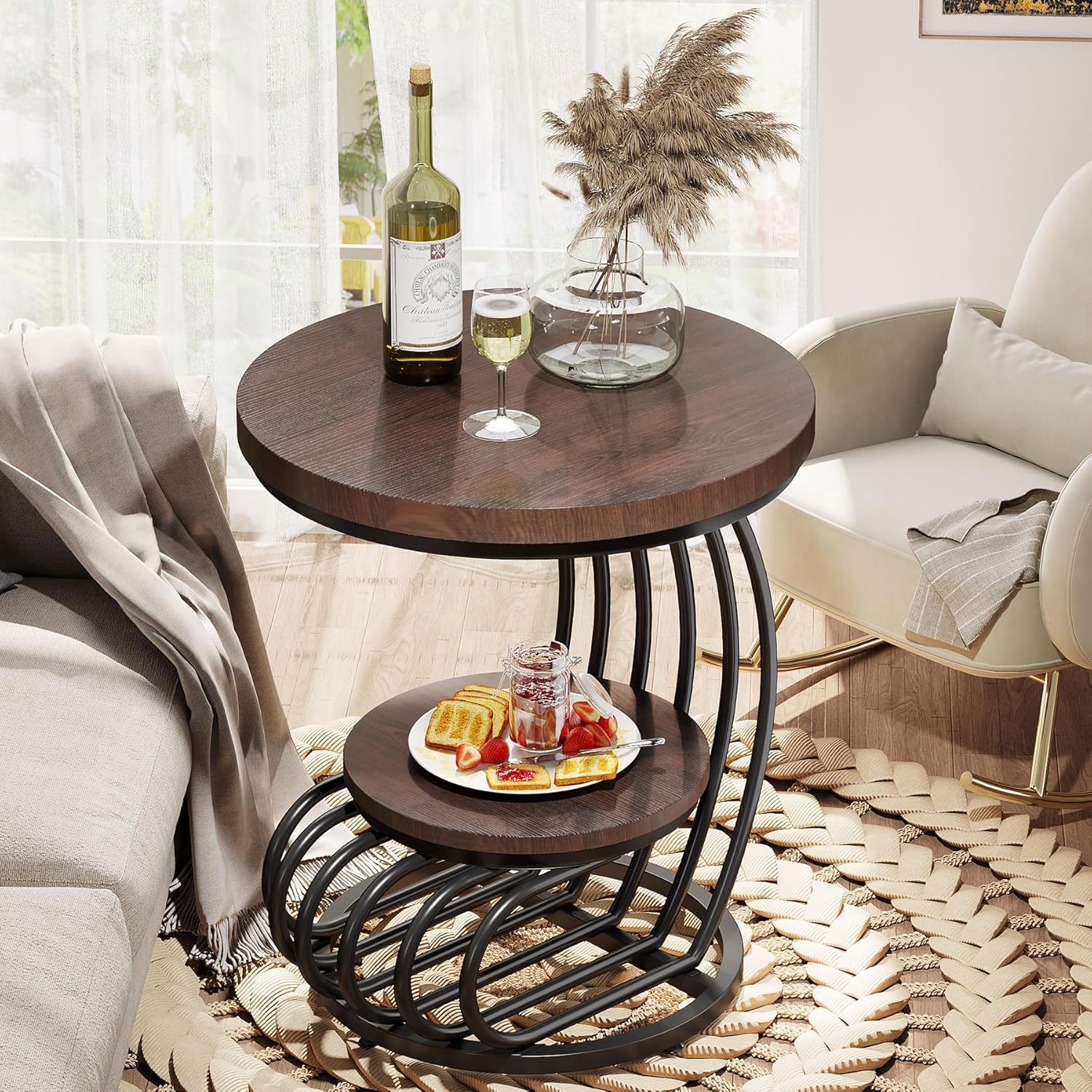 Round Vintage End Table With 2 Tier Storage