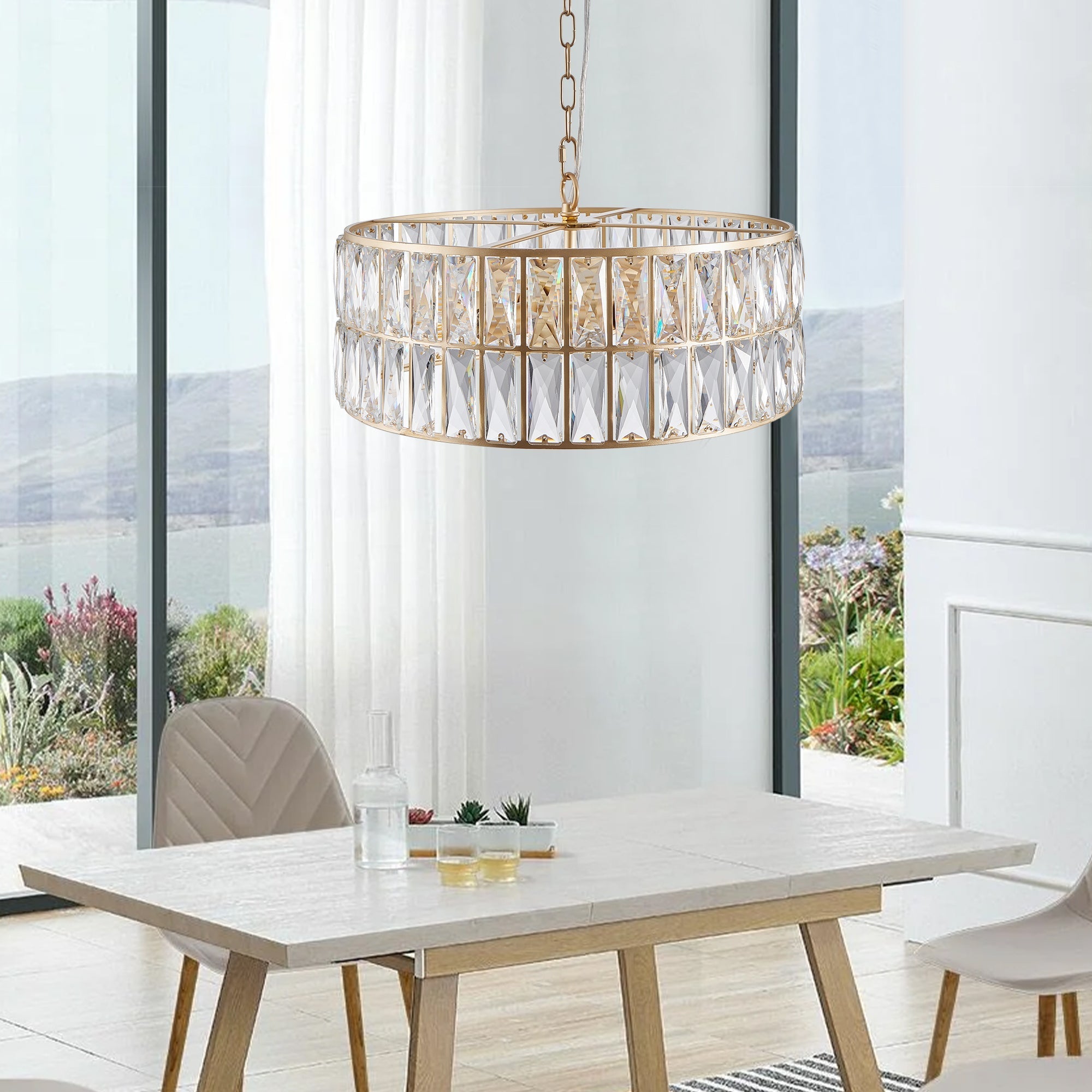 (L5025-450-G/W1340P189450)18' Golden Modern Crystal Drum Chandelier, 6-Light Pendant Lighting Fixture with Metal Frame for Living Room, Dining Room, and Bedroom (Bulbs Not Included)