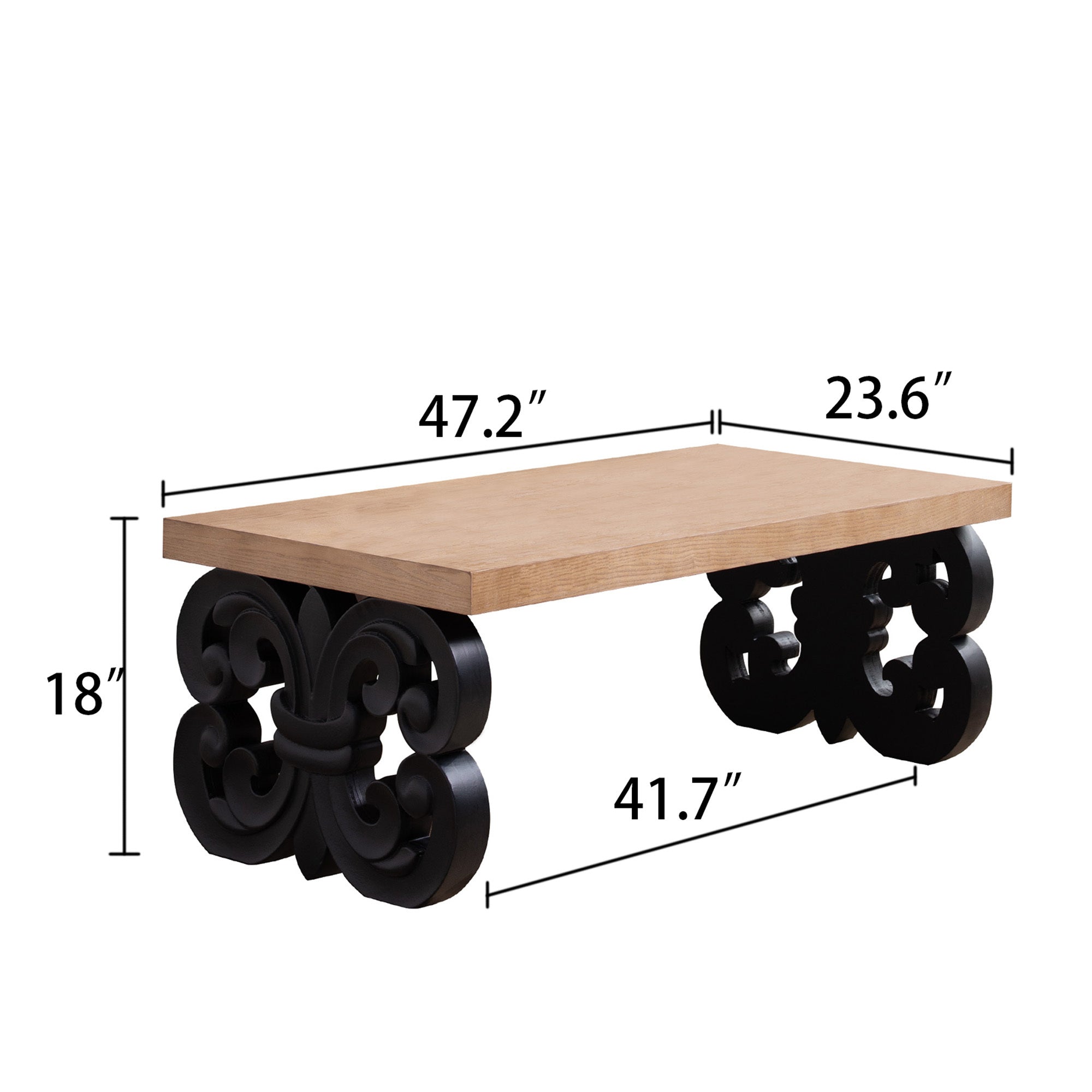 Black Scroll Base Coffee Table – 47' Rectangular Wood Living Room Table with Natural Top – Modern Farmhouse Accent Table – Elegant Centerpiece with Ornate Carved Design