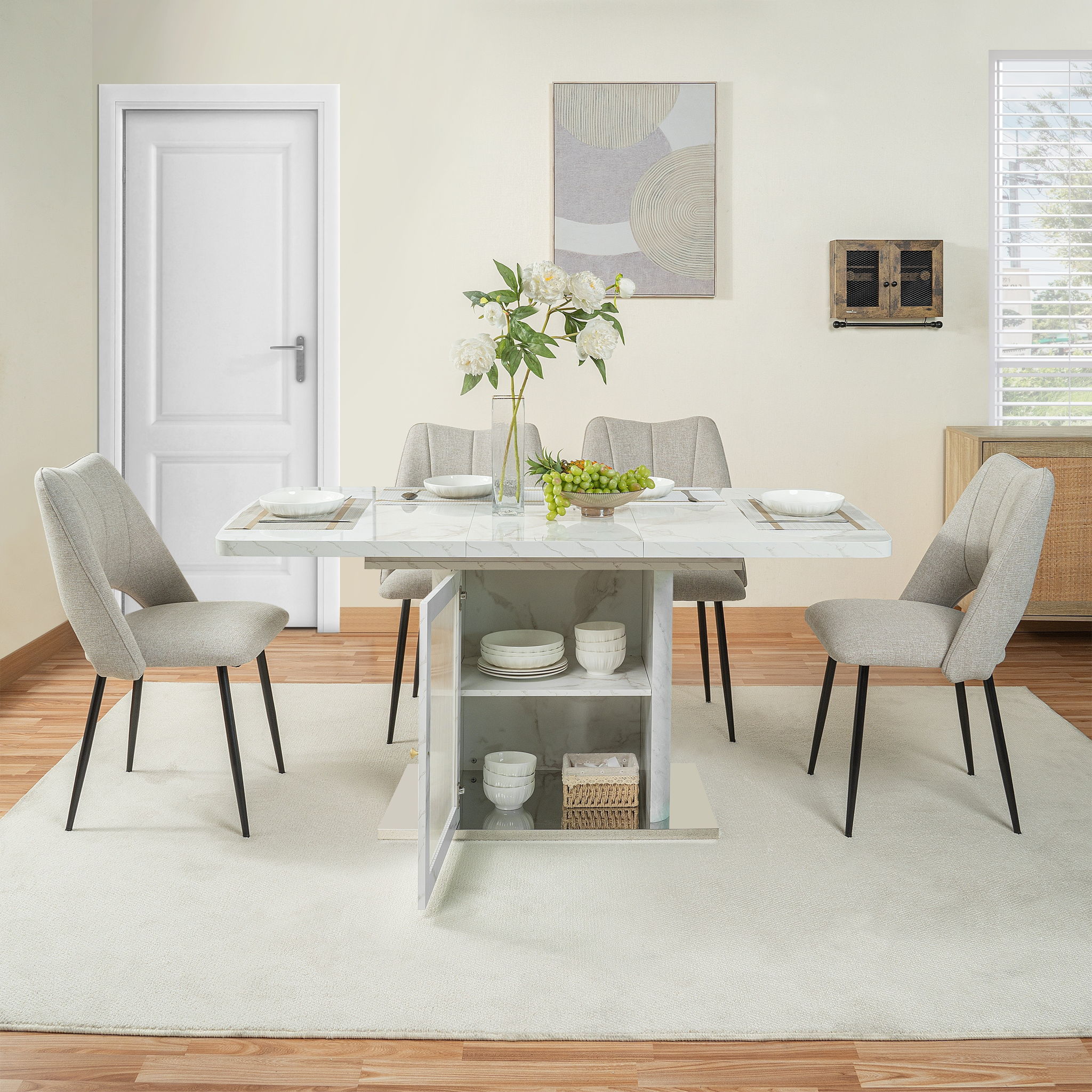 Modern Rectangle Dining Table With Stretchable Top, Storage Cabinet