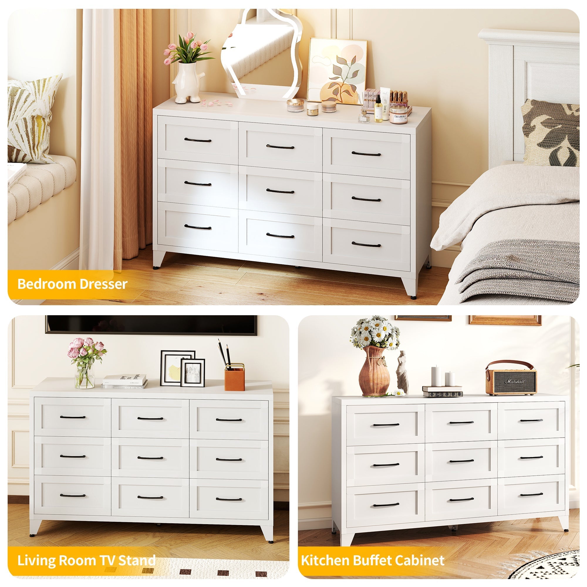 9 Drawer Dresser for Bedroom, Metal Profile Chest of Drawers, White Bedroom Dresser with Storage Drawers for Closet, Hallway, Entryway, Steel Furniture with Quiet-Glide Rails, Easy-Clean & Scratch
