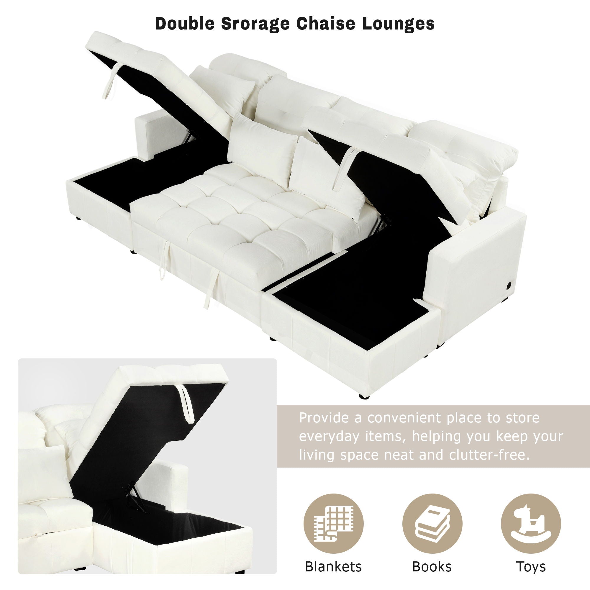 Oversized U-Shaped Versatile Sectional, Pull-Out Sofa Bed With Double Storage Chaise Lounges And 2 USB Ports For Living Room