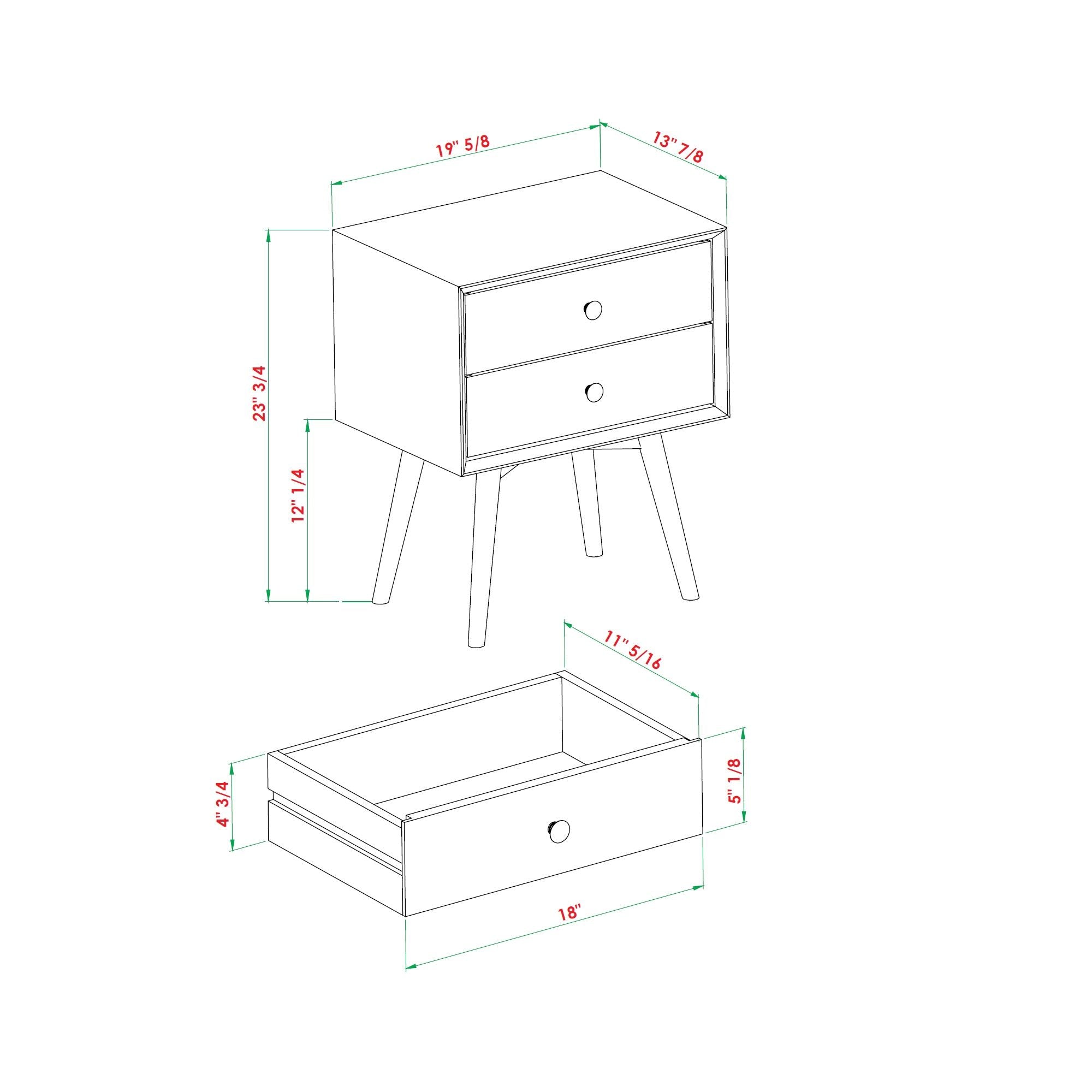 Mid Century Modern Double Drawer Nightstand - Caramel