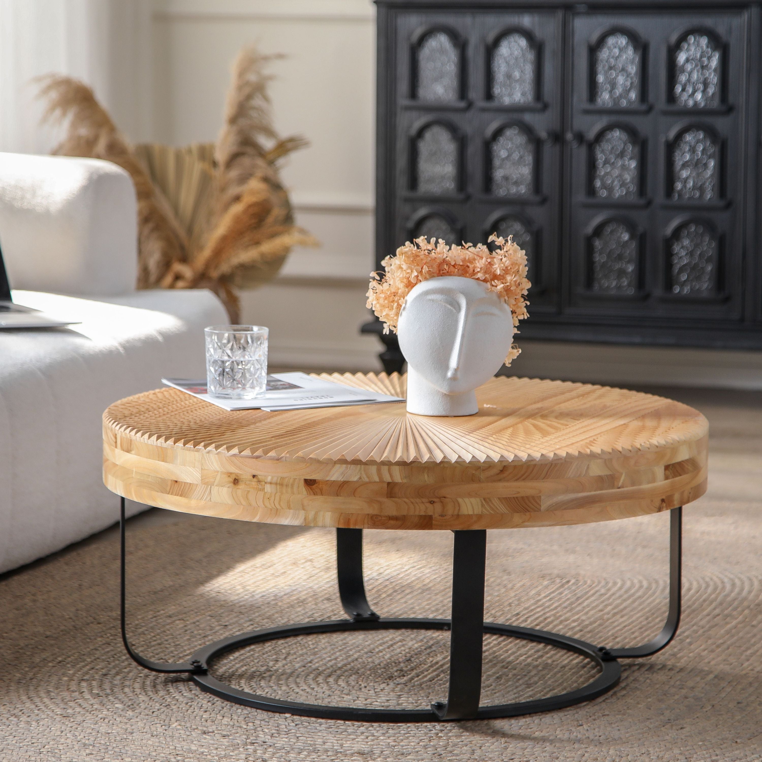 Modern Round Coffee Table with Wooden Carving Pattern and Metal Legs