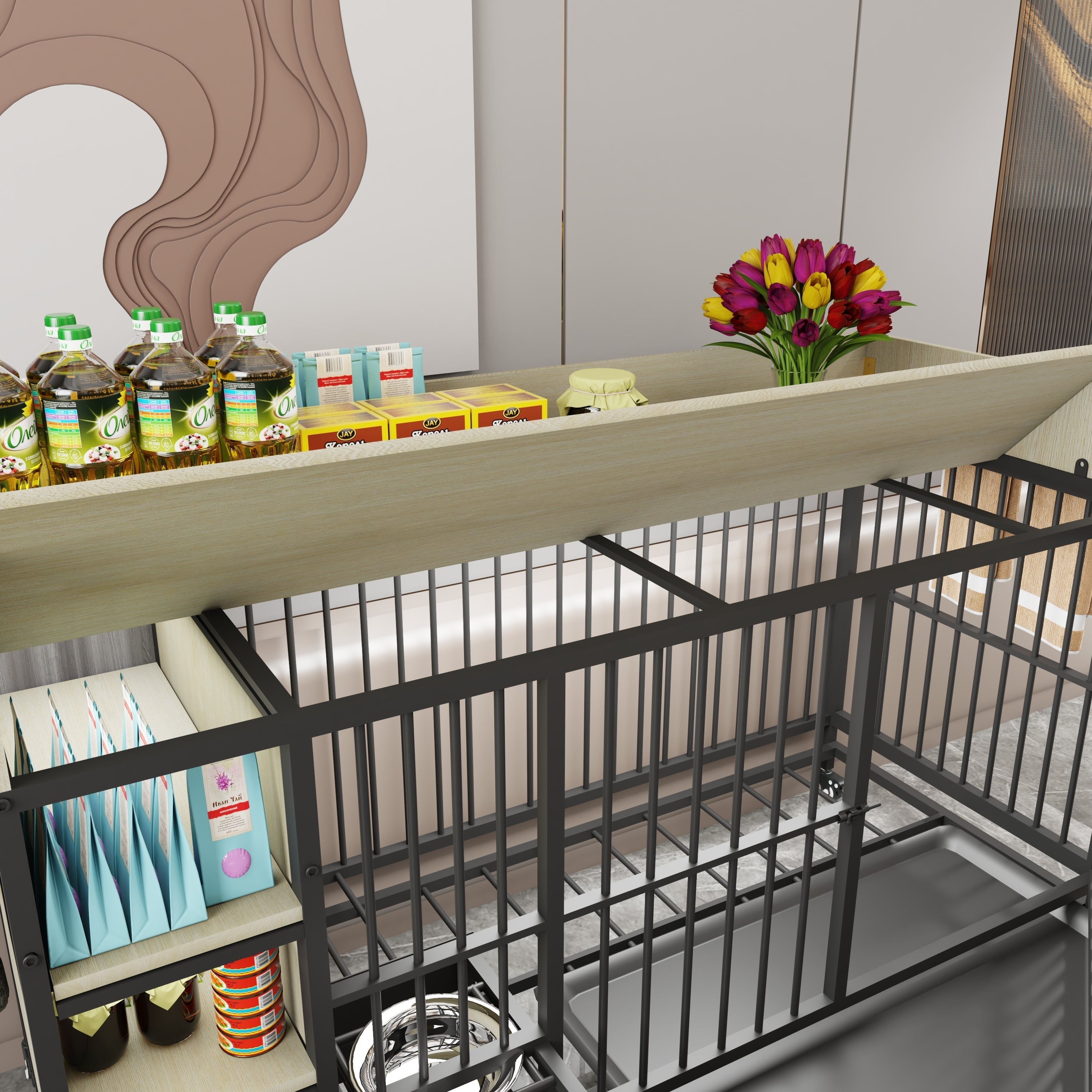 Large Pet Cage with Storage Rack Black and Beige