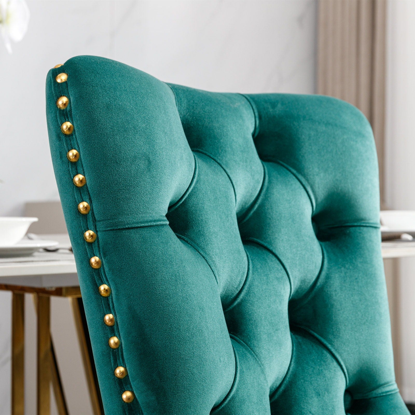 Nikki - Modern, High-End Tufted Solid Wood Contemporary Velvet Upholstered Dining Chair With Golden Stainless Steel Plating Legs, Nailhead Trim (Set of 2)