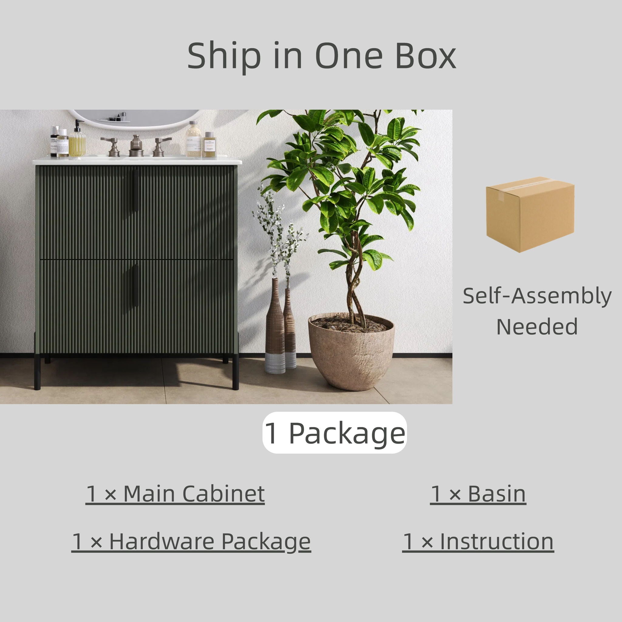 Bathroom Vanity With Ceramic Sink, Fluted Design