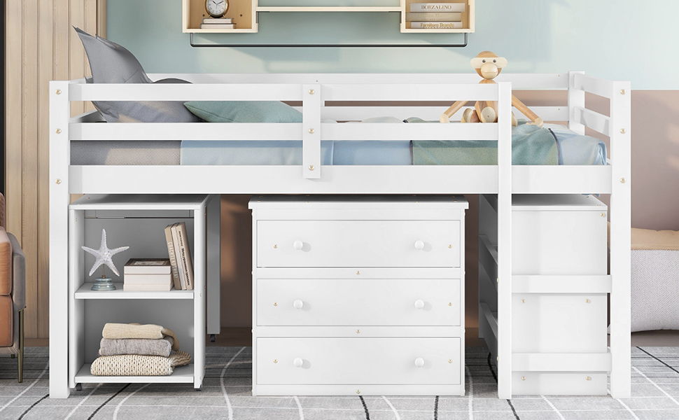 Loft Low Study Bed With Cabinet, Shelves And Rolling Portable Desk, Multiple Functions