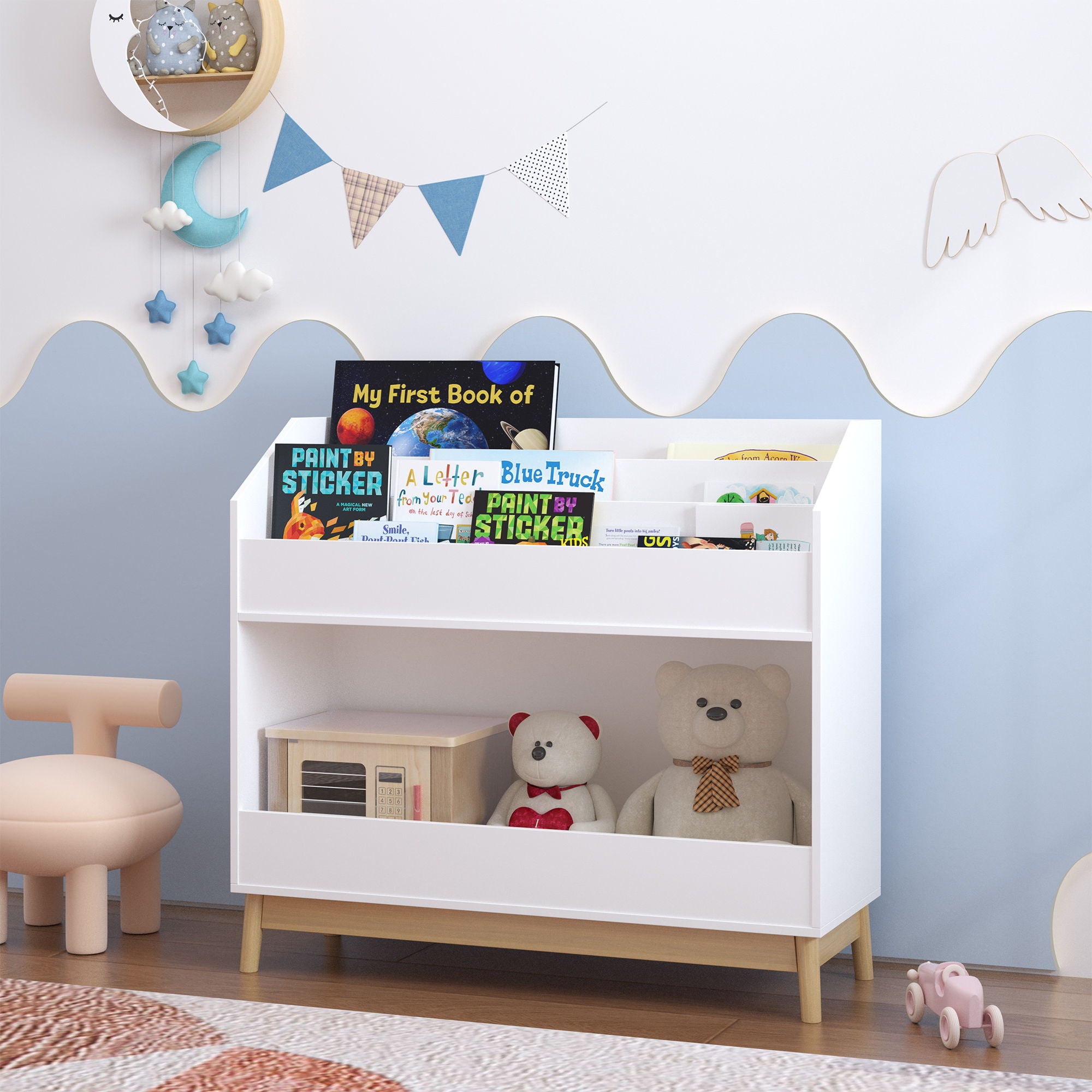 Bookcase Organizer With Storage, 3 Tier Toddler Book Display Shelf For Playroom - White