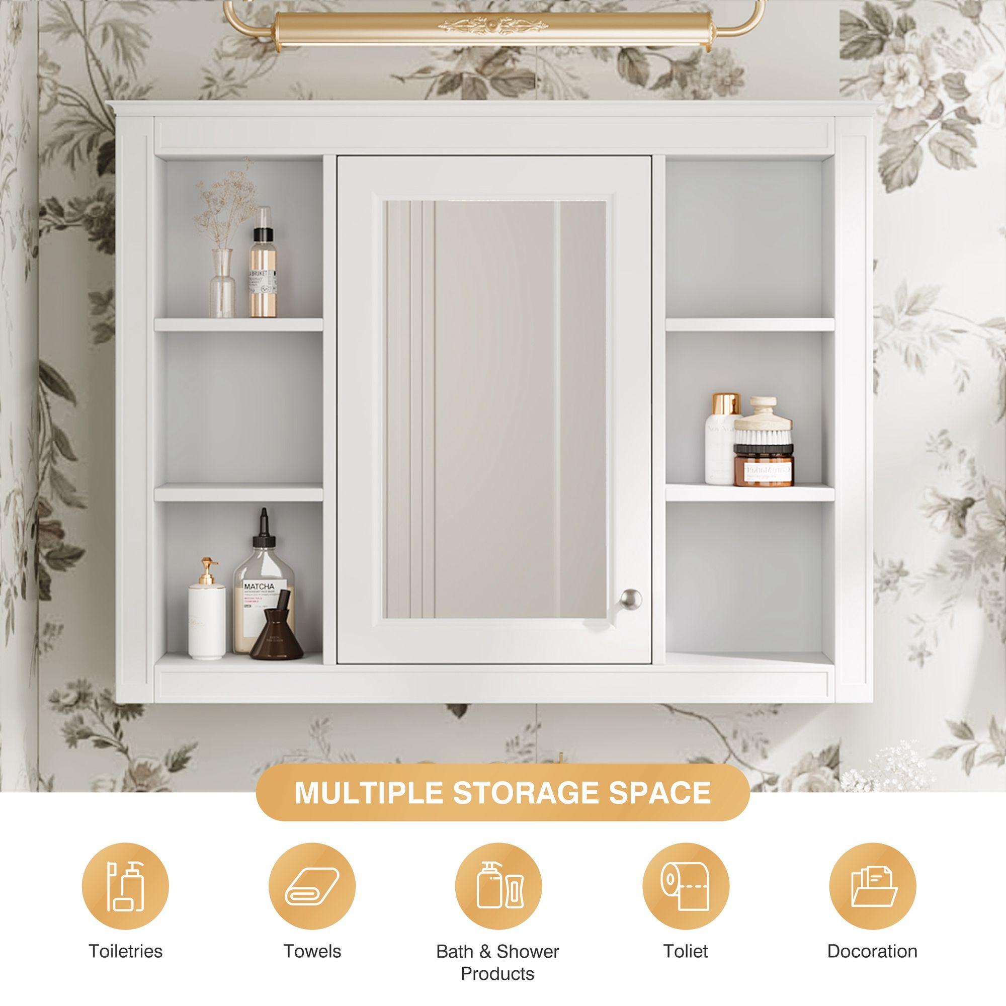 Wall Mounted Medicine Cabinet With Mirror, Storage Cabinet Featuring 6 Open Shelves And Adjustable Interior