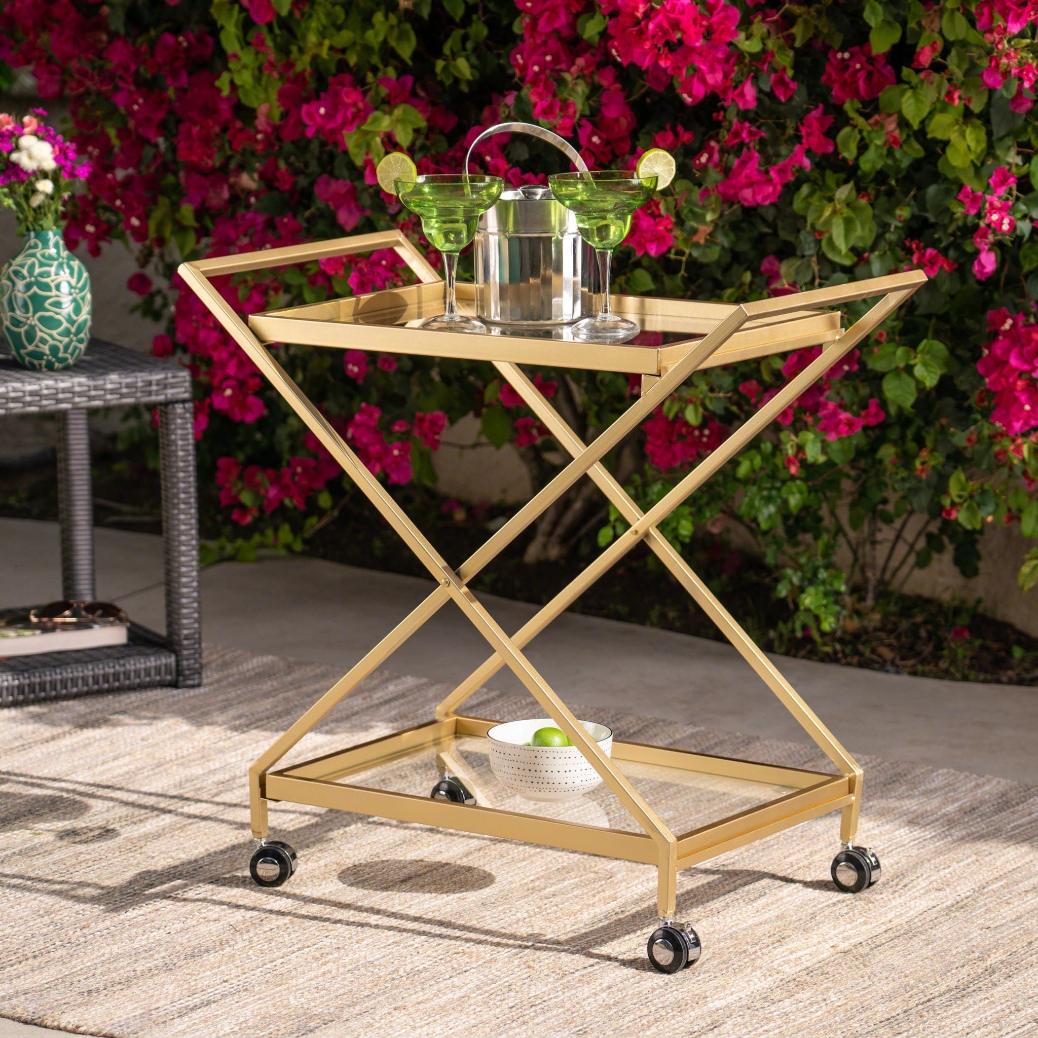 Sherianne Industrial Bar Cart with Tempered Glass Shelves and Swivel Wheels - Gold