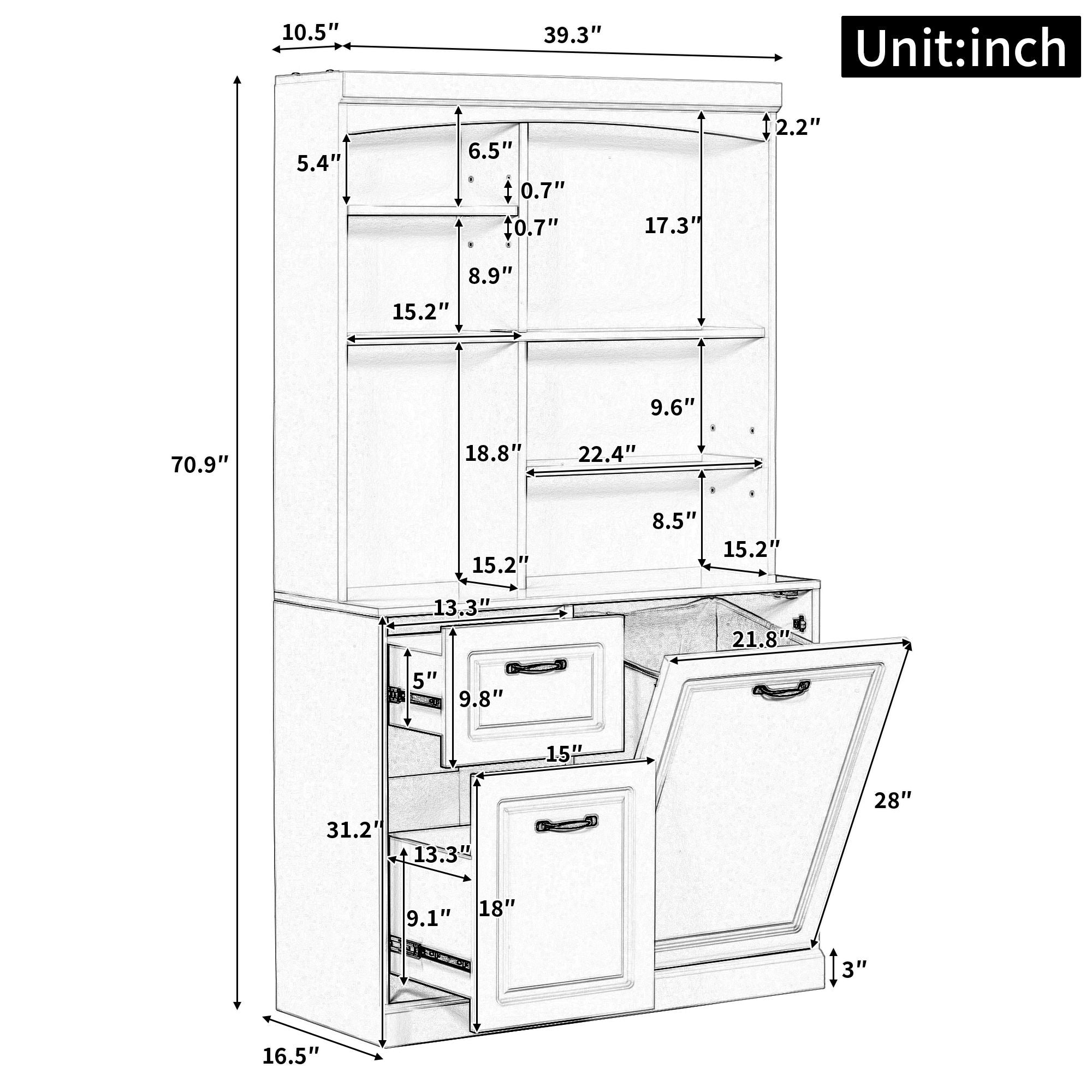 Bathroom Storage Cabinet With Tilt Out Hamper, Tall Free Standing Organizer With Drawers & Adjustable Shelves, Linen Tower With Steel Handles - White