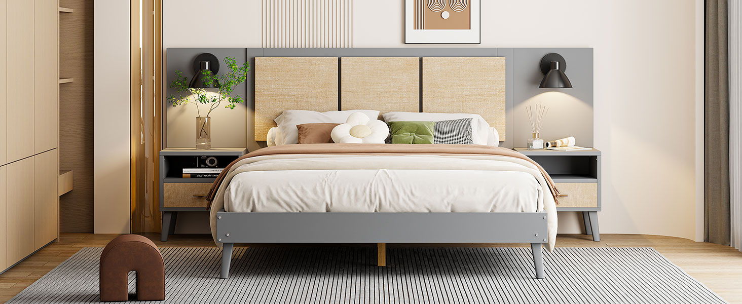 Bed Frame With 2 Nightstands Elegant Design With Lamps