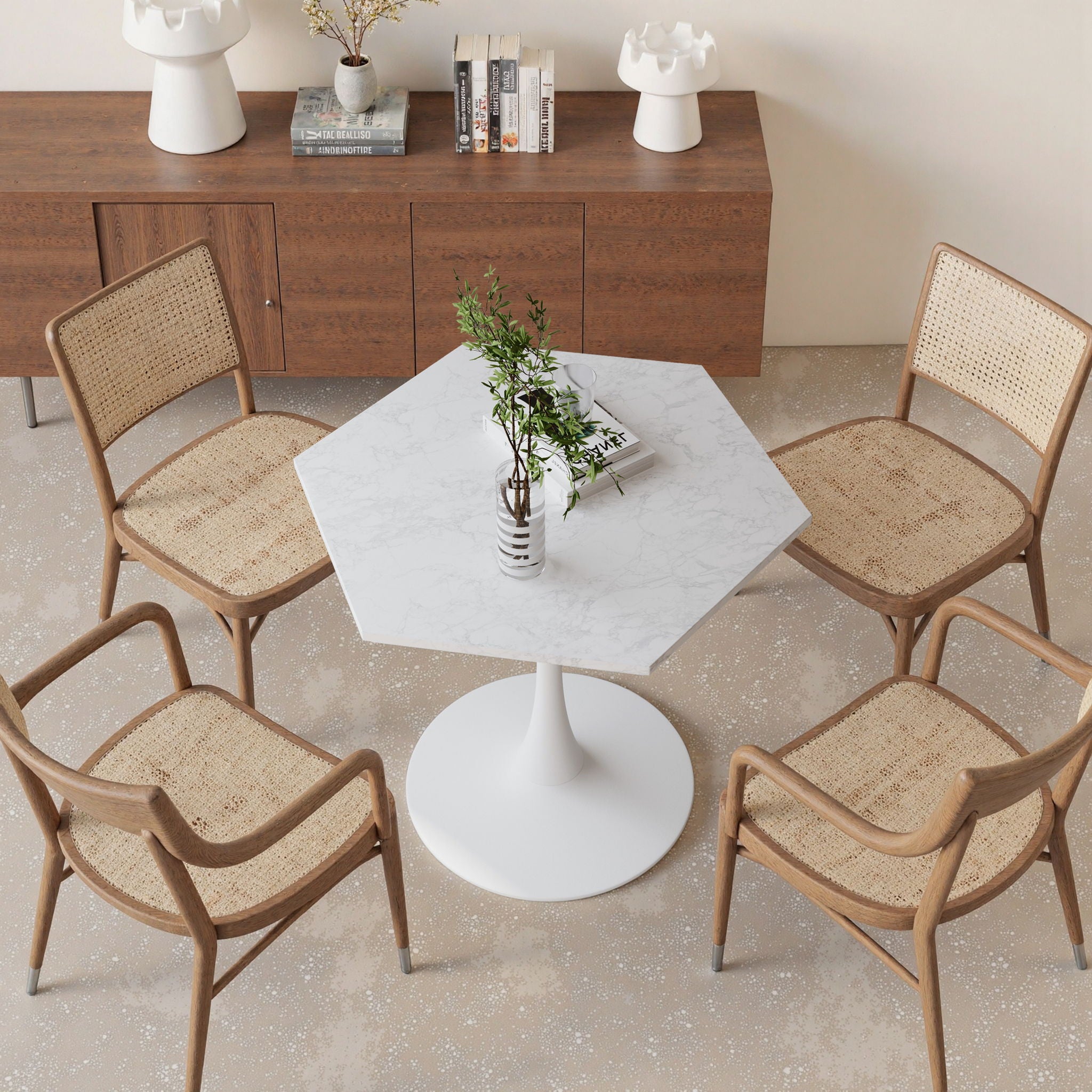 Hexagonal Coffee Table With Printed Marble Top And Base - White Marble