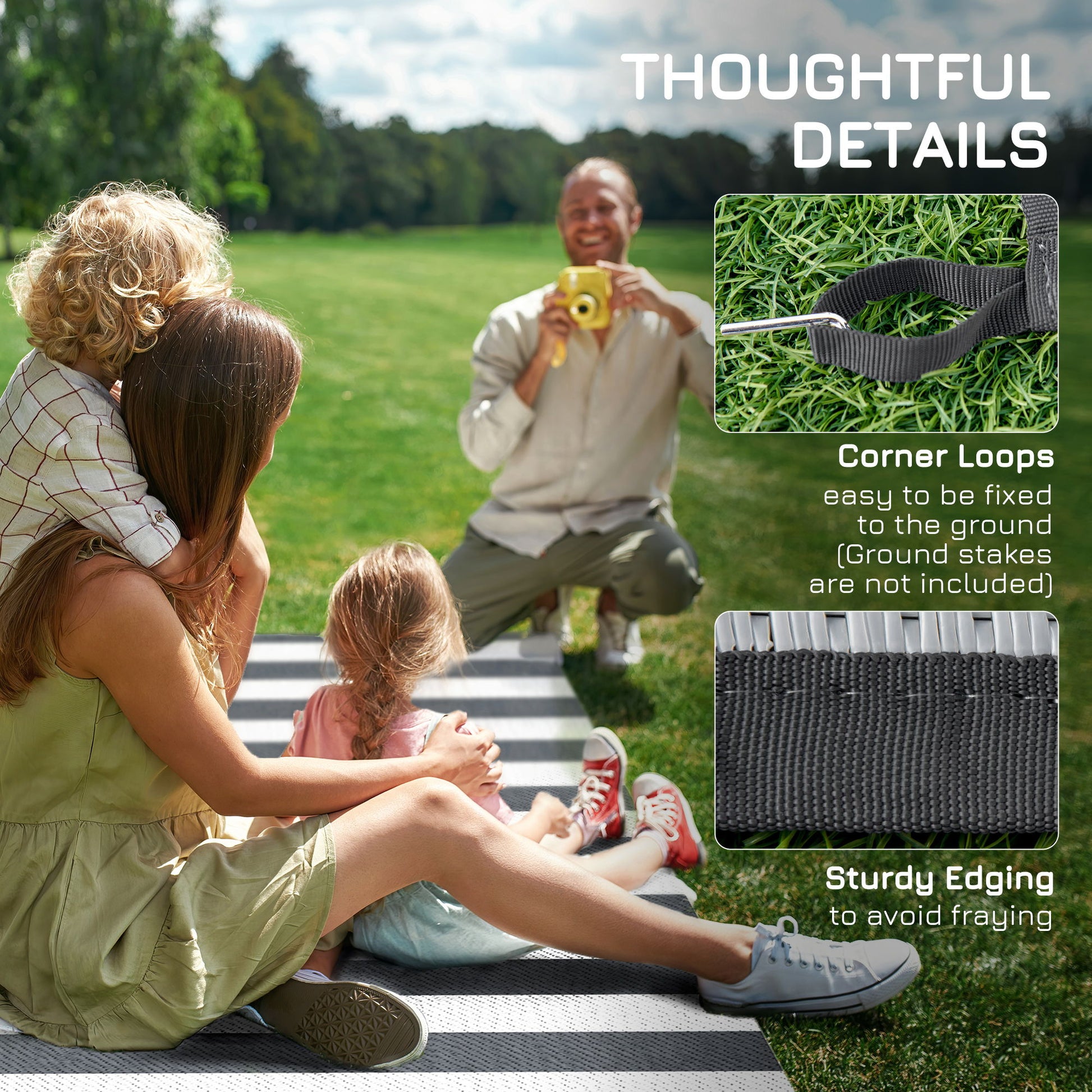 Outsunny - Reversible Outdoor Rug, 9' x 12' Waterproof Plastic Straw Floor Mat, Portable Rv Camping Carpet With Carry Bag, Large Floor Mat For Backyard, Deck, Picnic, Beach - Gray & White Striped - Best Buy Furniture