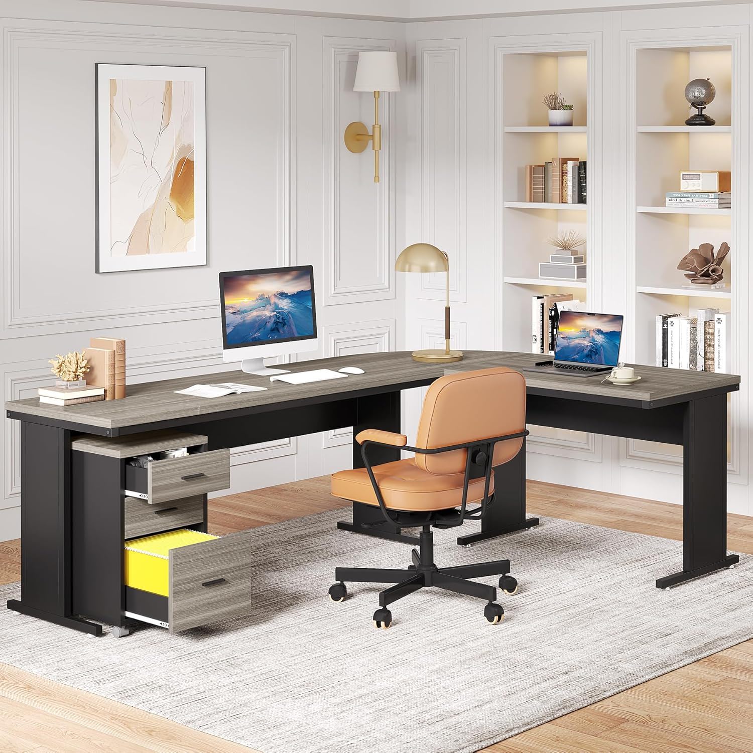 L-Shaped Executive Desk With Reversible Design, 3 Drawer Mobile File Cabinet For Home Office Workstation - Gray / Black