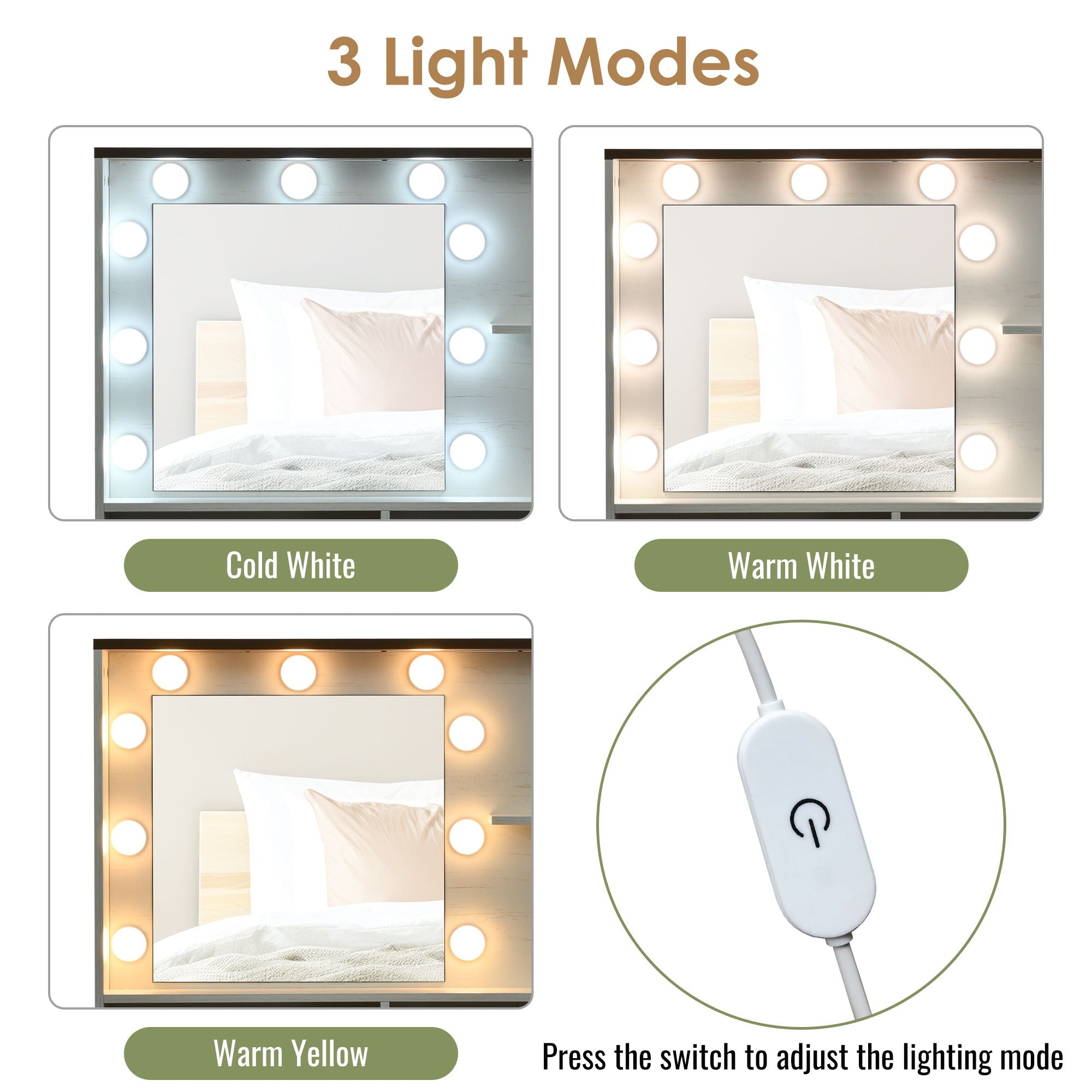 Farmhouse Makeup Vanity Desk With Mirror And Lights, 3 Lighting Modes, Vanity Set With Stool, Dressing Table With Adjustable Shelves, 2 Drawers And Side Cabinet For Bedroom - White - Best Buy Furniture