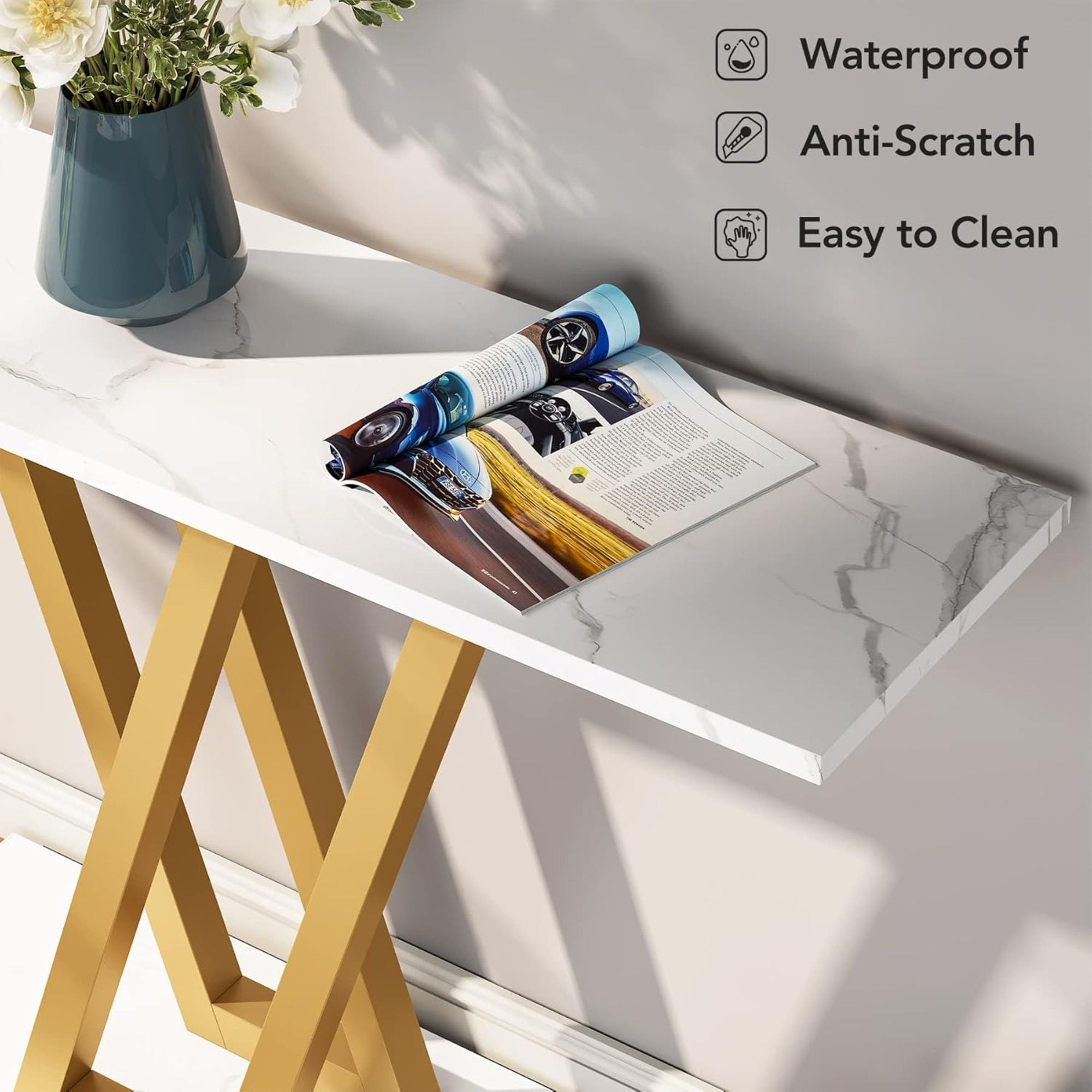 Console Table With Top With V Leg Frame For Hallway, Living Room - White / Gold