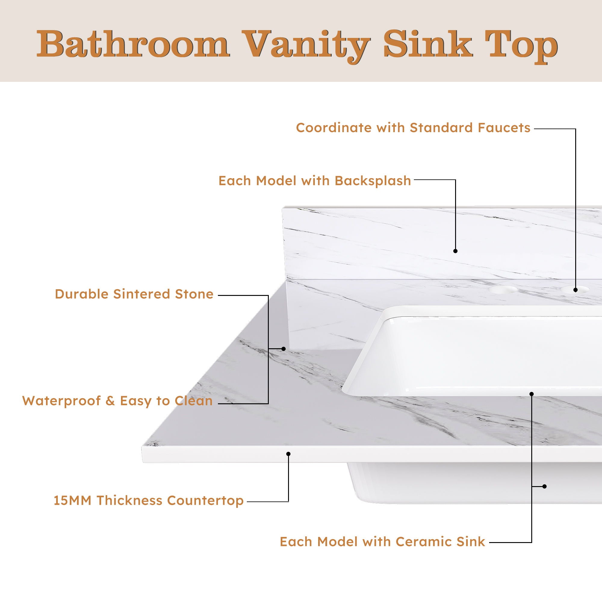 Bianco Carrara Venato Elegant Marble Vanity Top, Bathroom Vanity With Undermount Sink, Sintered Stone