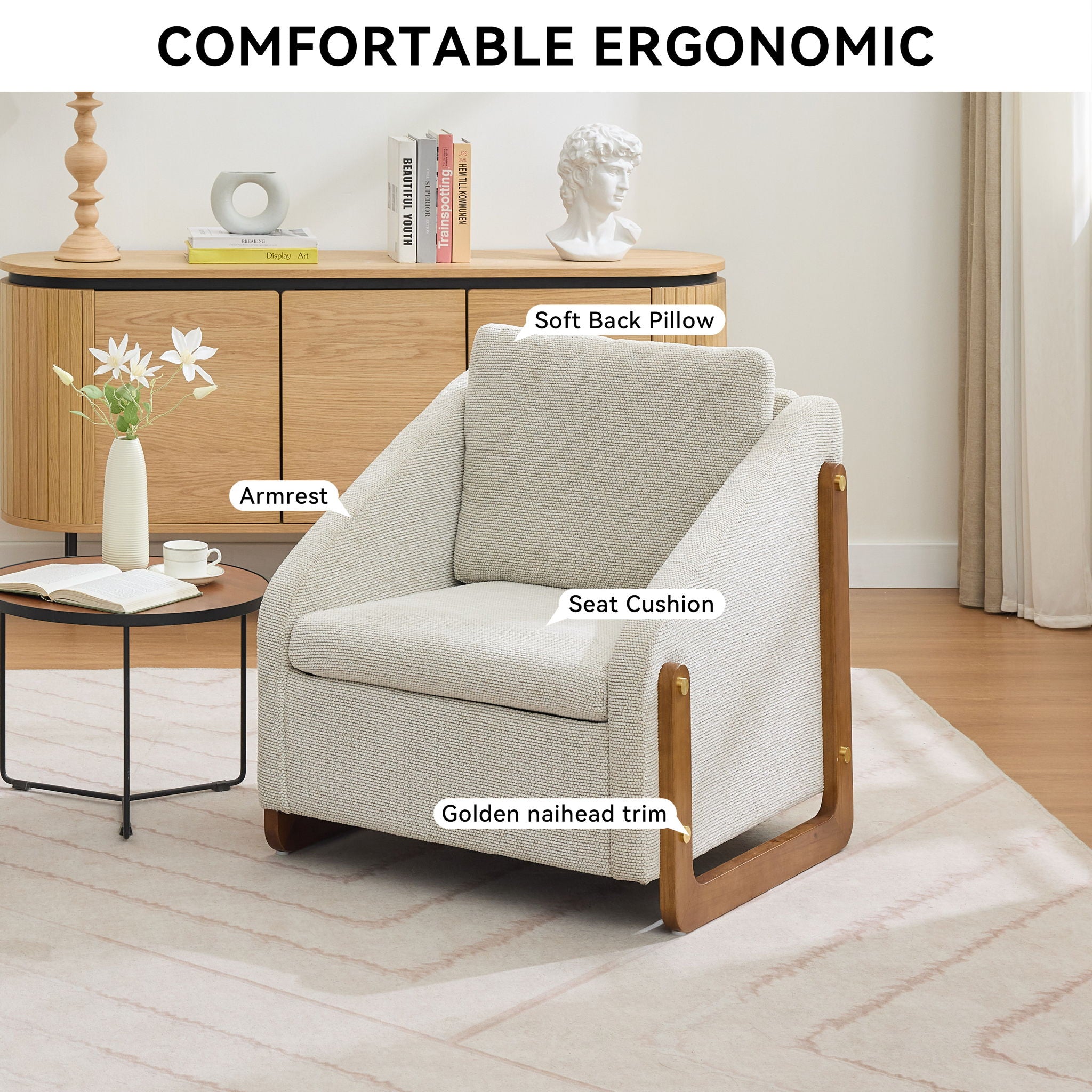 Modern Chenille Upholstered Armchair With Wooden Side Frame