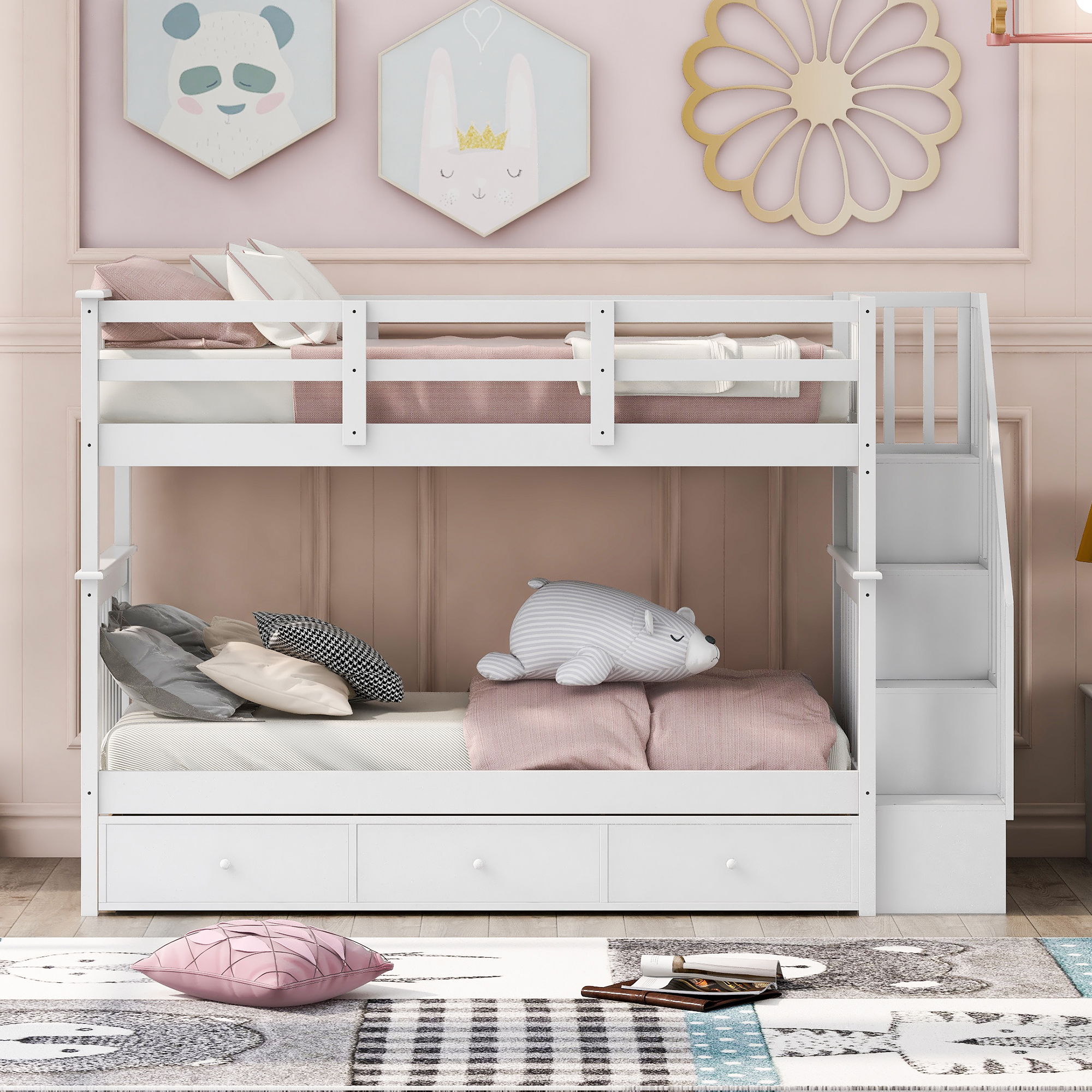 Stairway Bunk Bed With Storage And Guard Rail For Bedroom