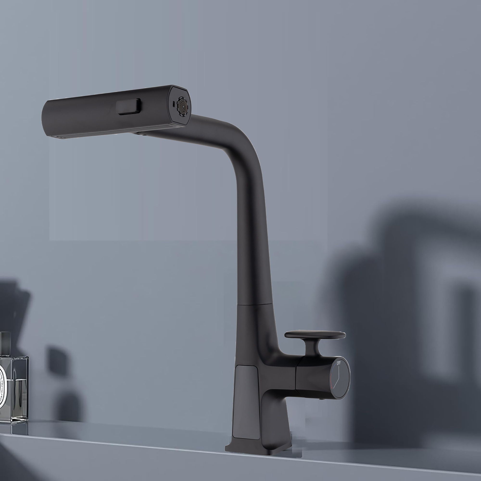 Modern Waterfall Kitchen Faucet With Temperature Display And Pull Down Sprayer, Zinc Construction - Matte Black
