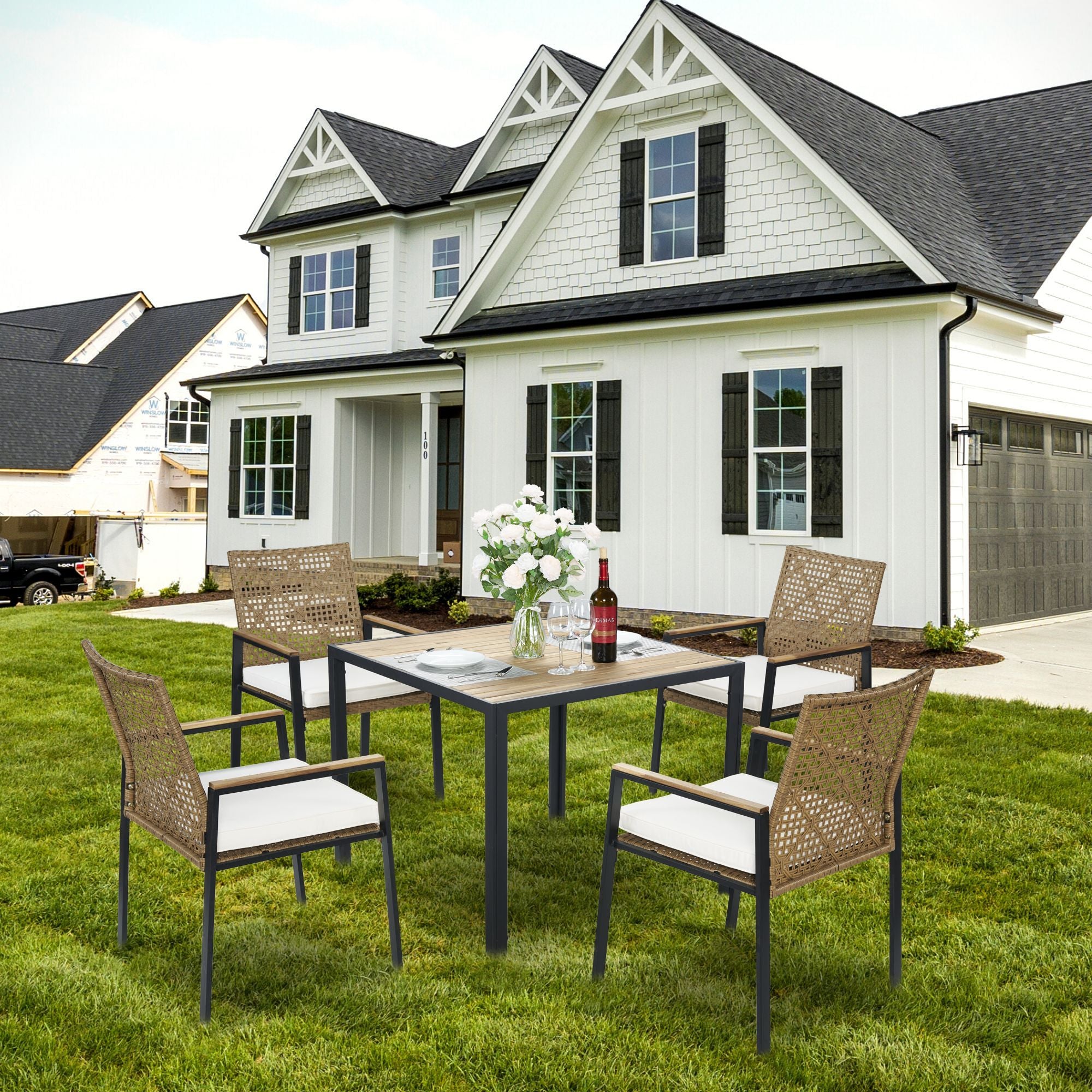 5 Piece Patio Dining Table Set, Acacia Wood Table Top With Umbrella Hole