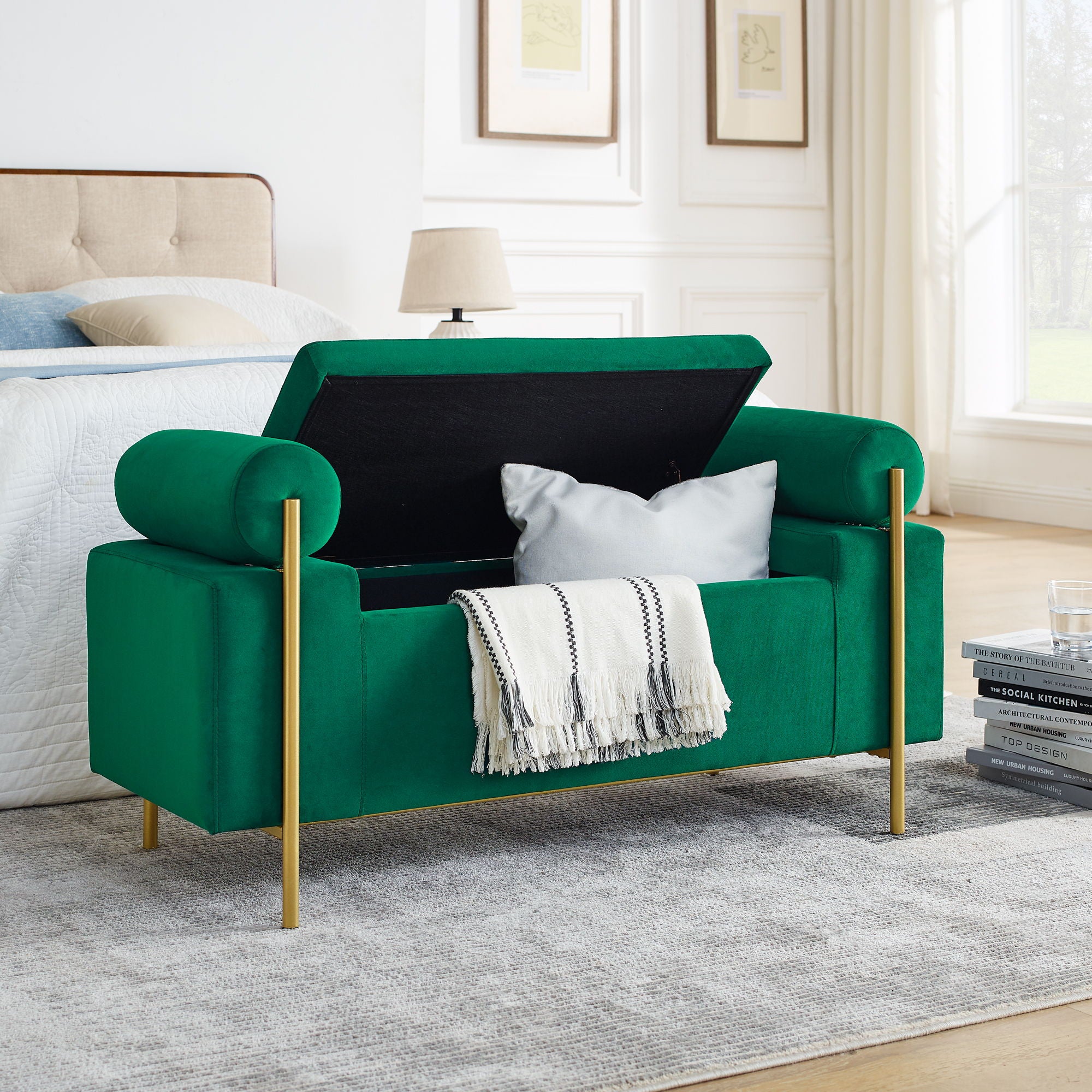 Elegant Upholstered Linen Storage Bench With Cylindrical Arms And Iron Legs, White