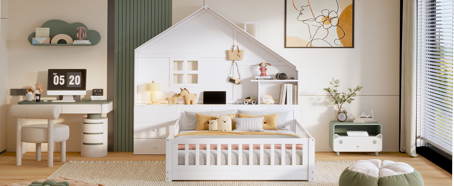 Full Size House Bed With Window And Bedside Drawers, Platform Bed With Shelves And A Set Of Sockets And USB Port - White