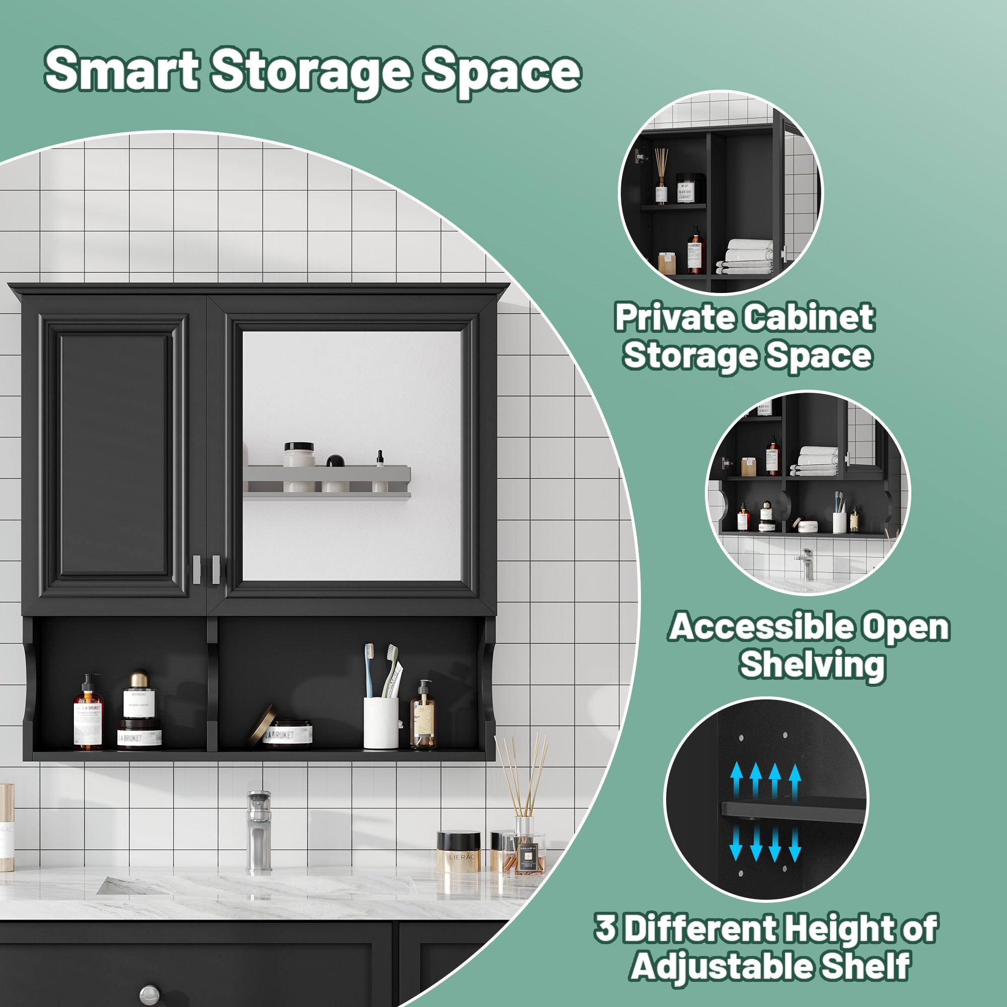 Wall Mounted Mirror Medicine Cabinet, Bathroom Storage With Doors And Open Shelves