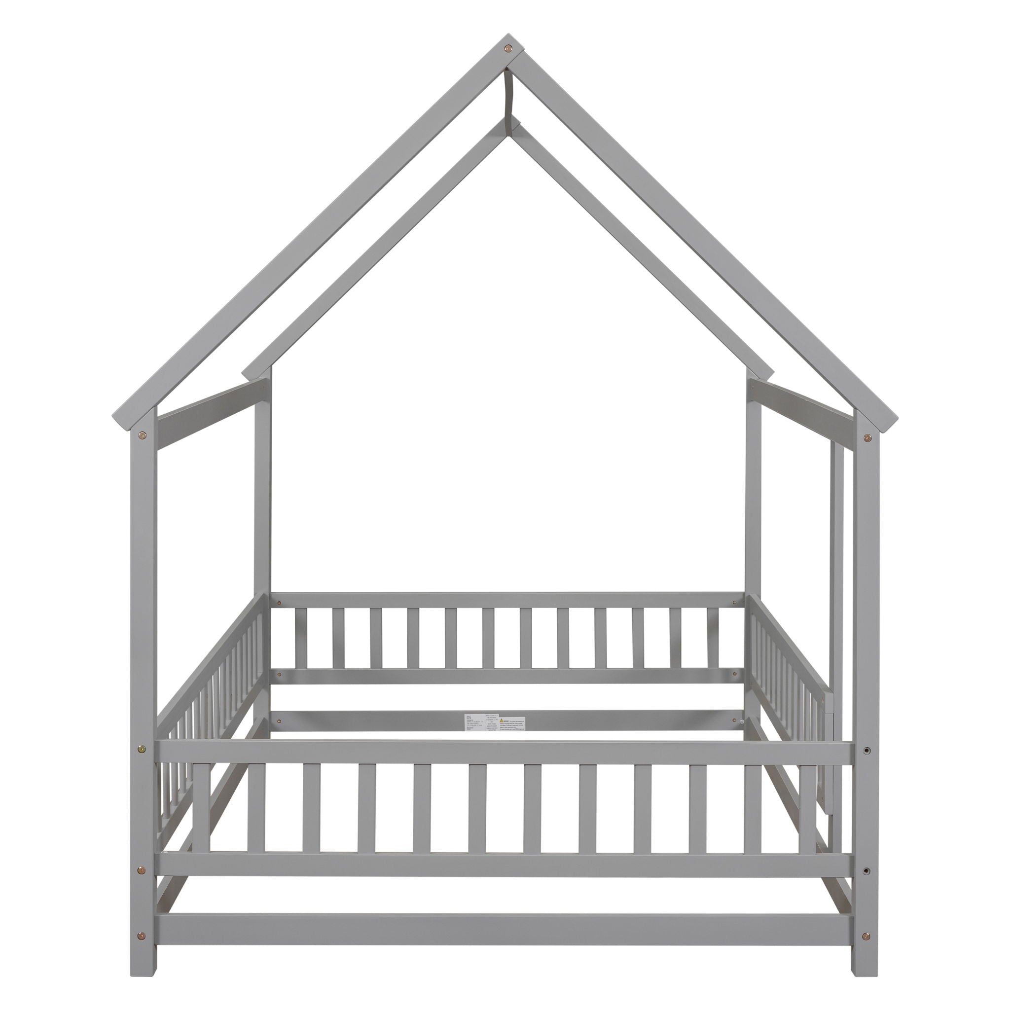 Floor Wooden Bed With House Roof Frame, Fence Guardrails