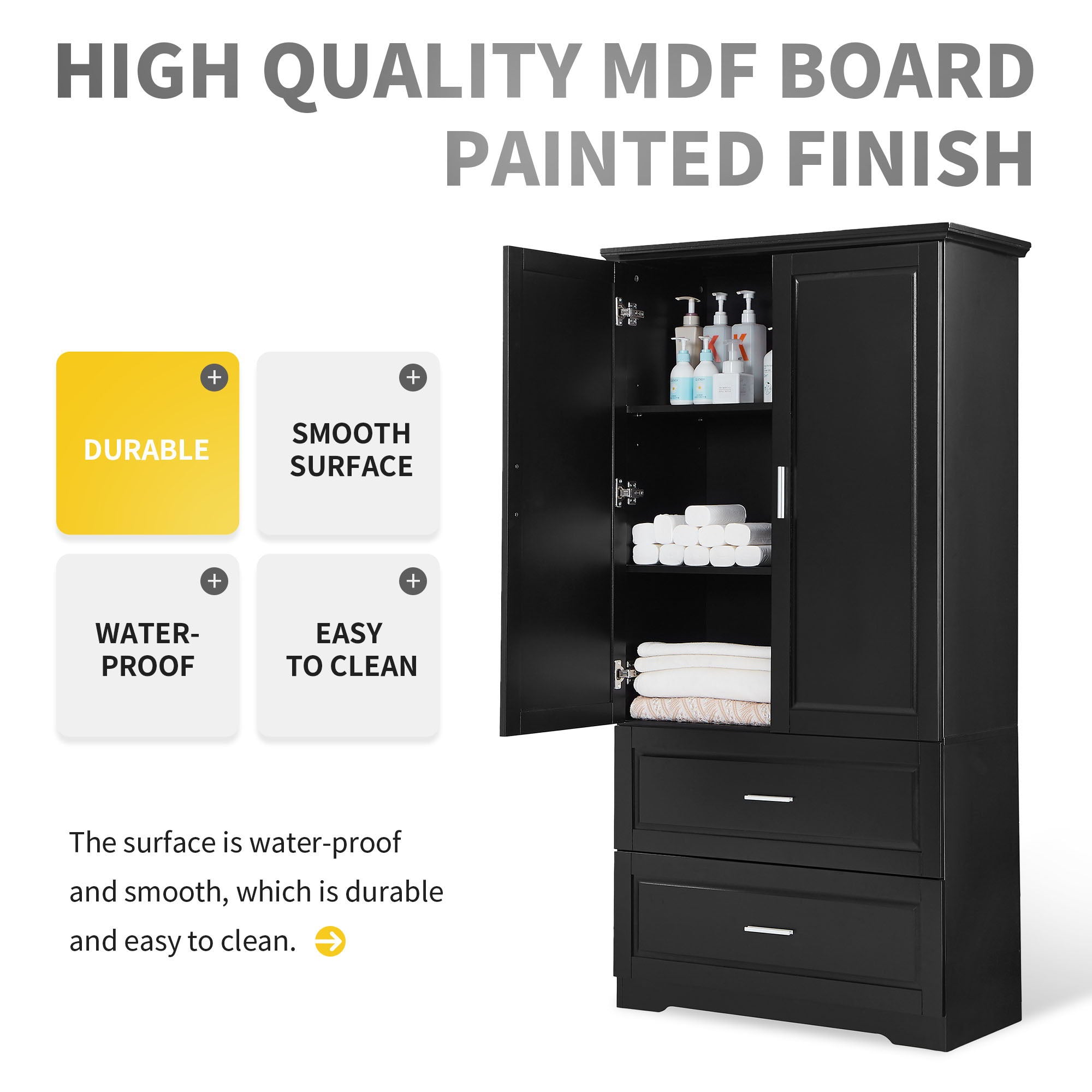 Tall Bathroom Storage Cabinet, Cabinet With 2 Doors And Drawers, Adjustable Shelf