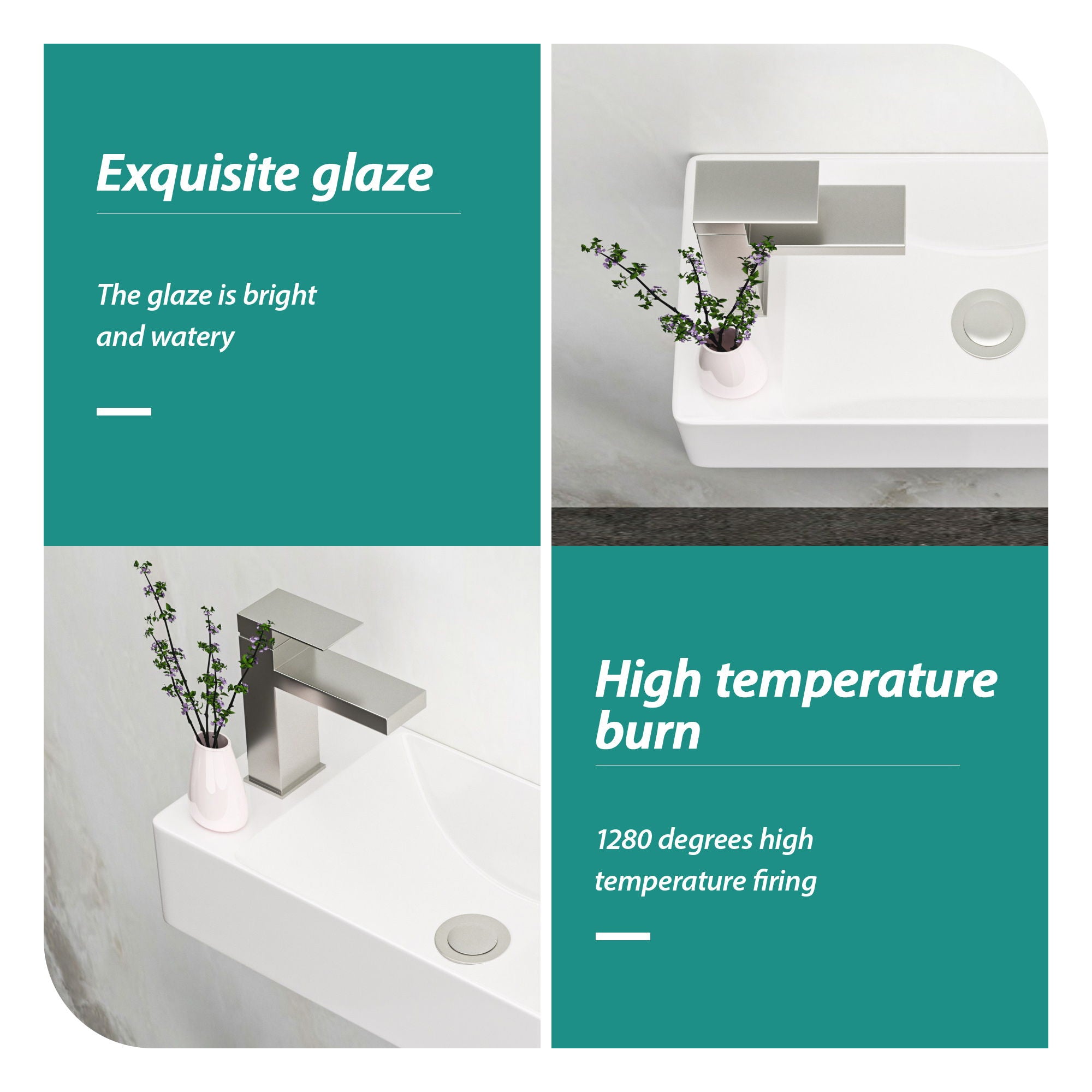 Modern Ceramic Rectangle Wall Mount Bathroom Sink With Single Faucet Hole
