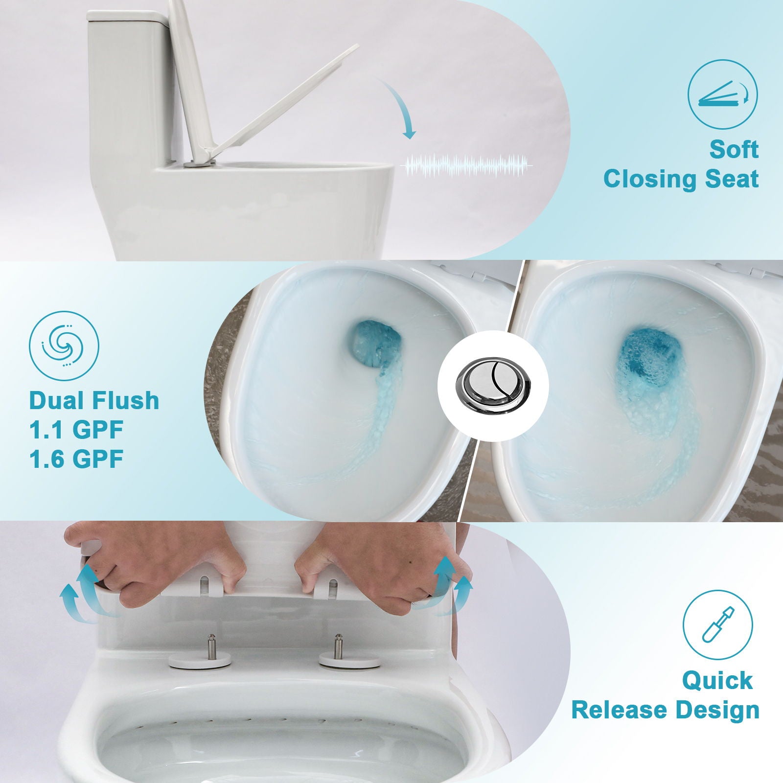 1 Piece Toilet For Bathroom, Soft Closing Seat, Dual Flush 1.1 / 1.6 Gpf - White