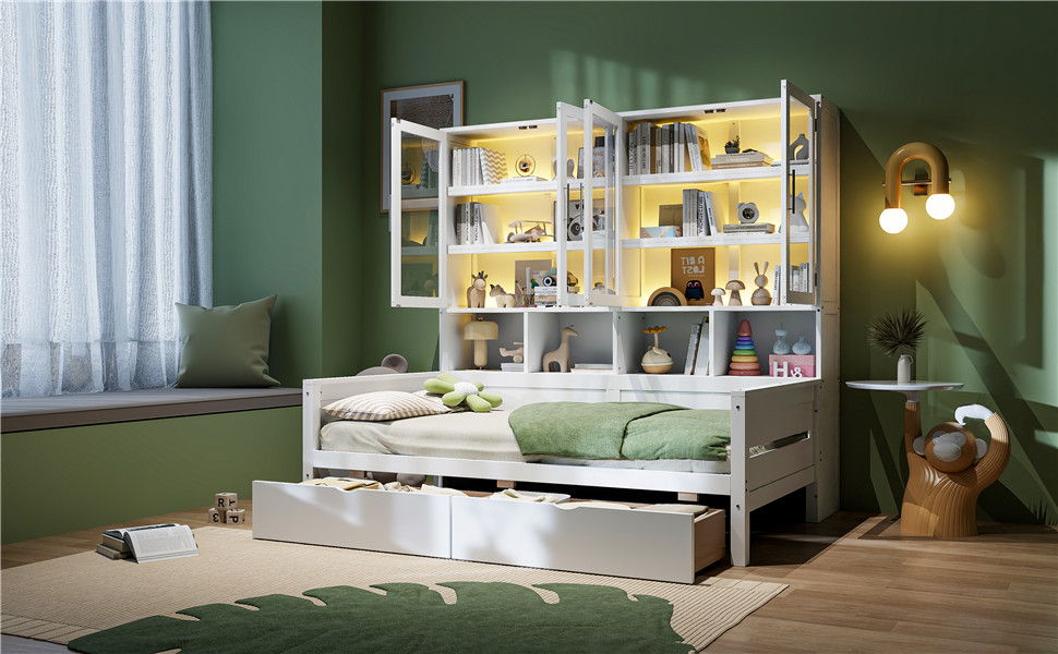 Daybed With Glass Door Storage Cabinets, Built In LED Lighting And Shelves